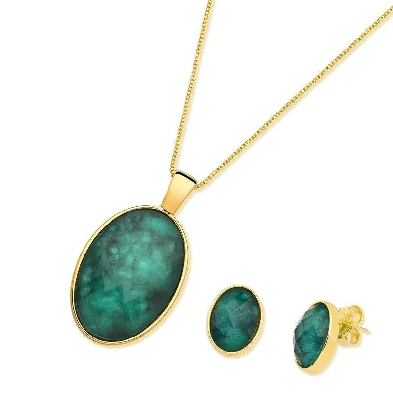 Conjunto Esmeralda Colar e Brinco Folhado a Ouro