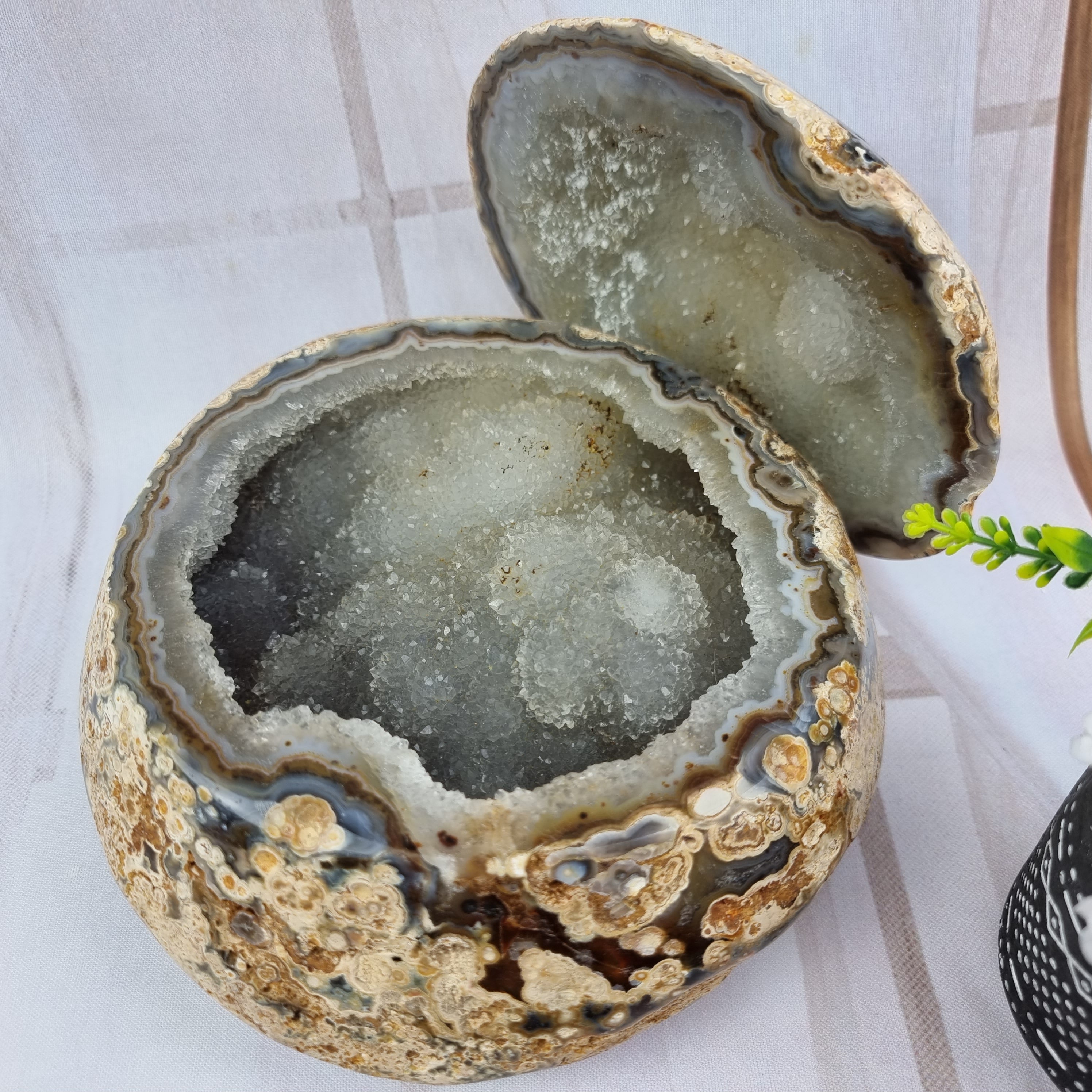 Porta joyas de geodas de ágata pulida con cristales de una pieza