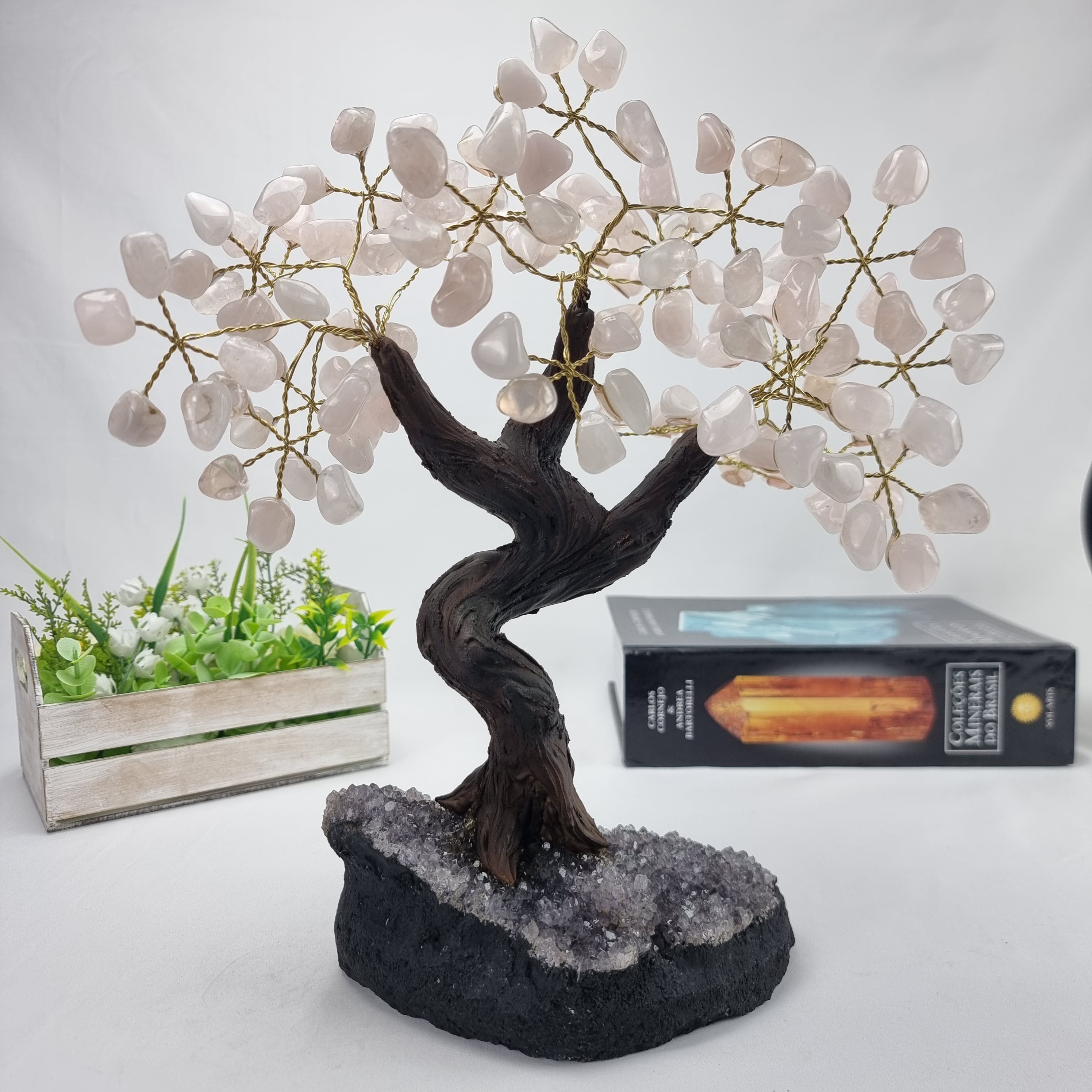 Árvore de QUARTZO ROSA Natural | 120 Pedras, 24 galhos | Base de Ametista com 20 cm altura - Peça Artesanal BR Crystals