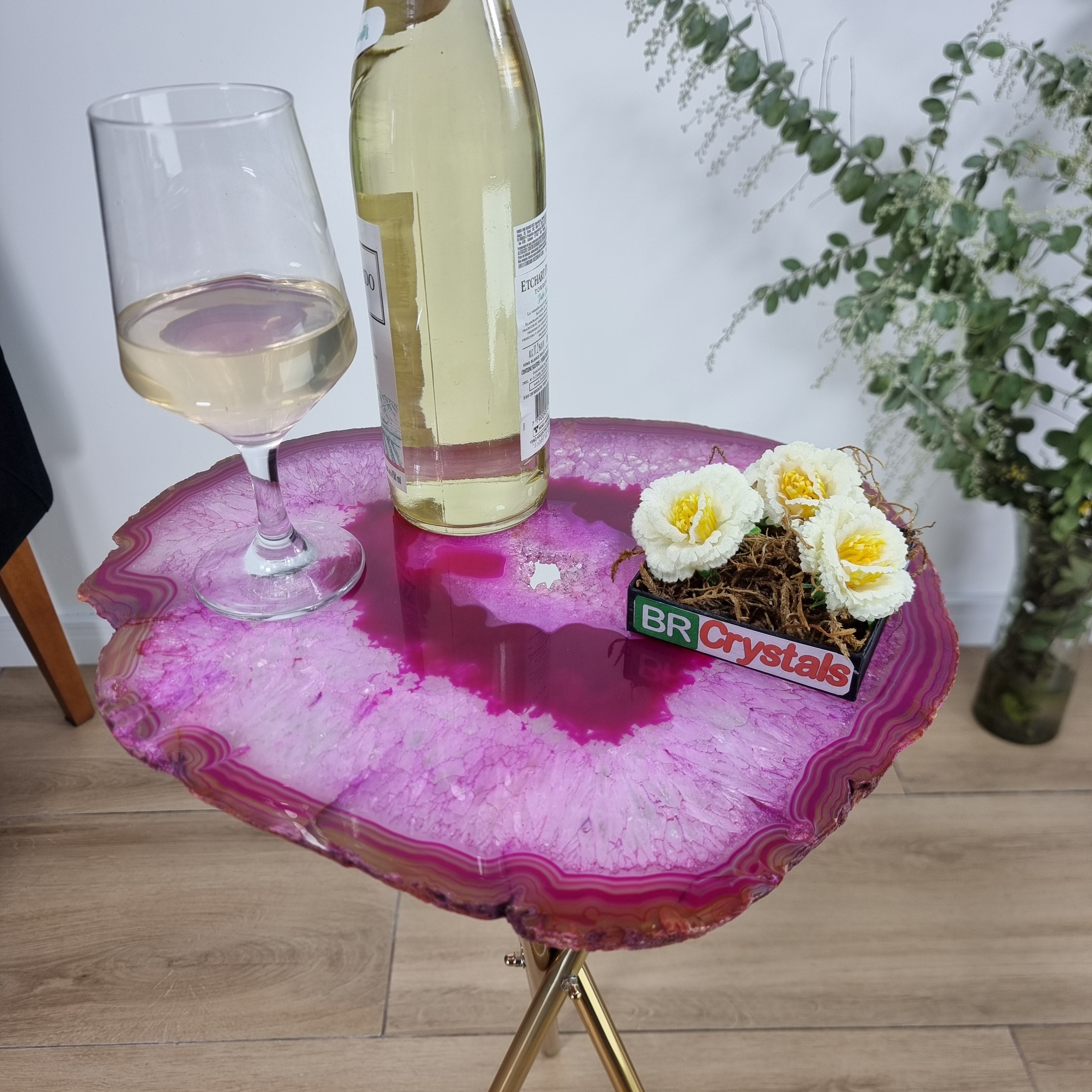 Mesa Lateral de Àgatas Naturais | Base Tripé Latão Ouro | Altura de 60 cm - Peça Artesanal BR Crystals