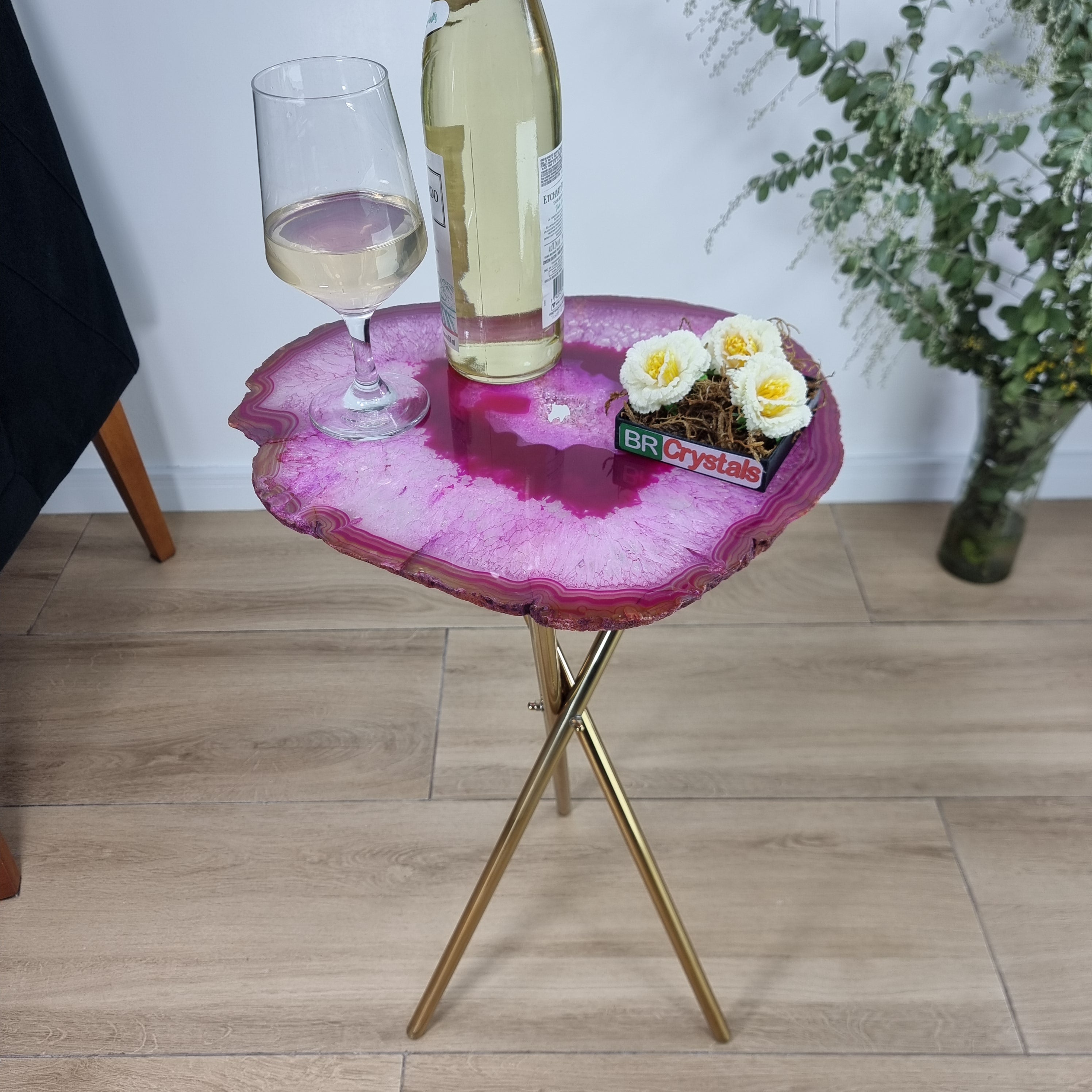 Mesa Lateral de Àgatas Naturais | Base Tripé Latão Ouro | Altura de 60 cm - Peça Artesanal BR Crystals