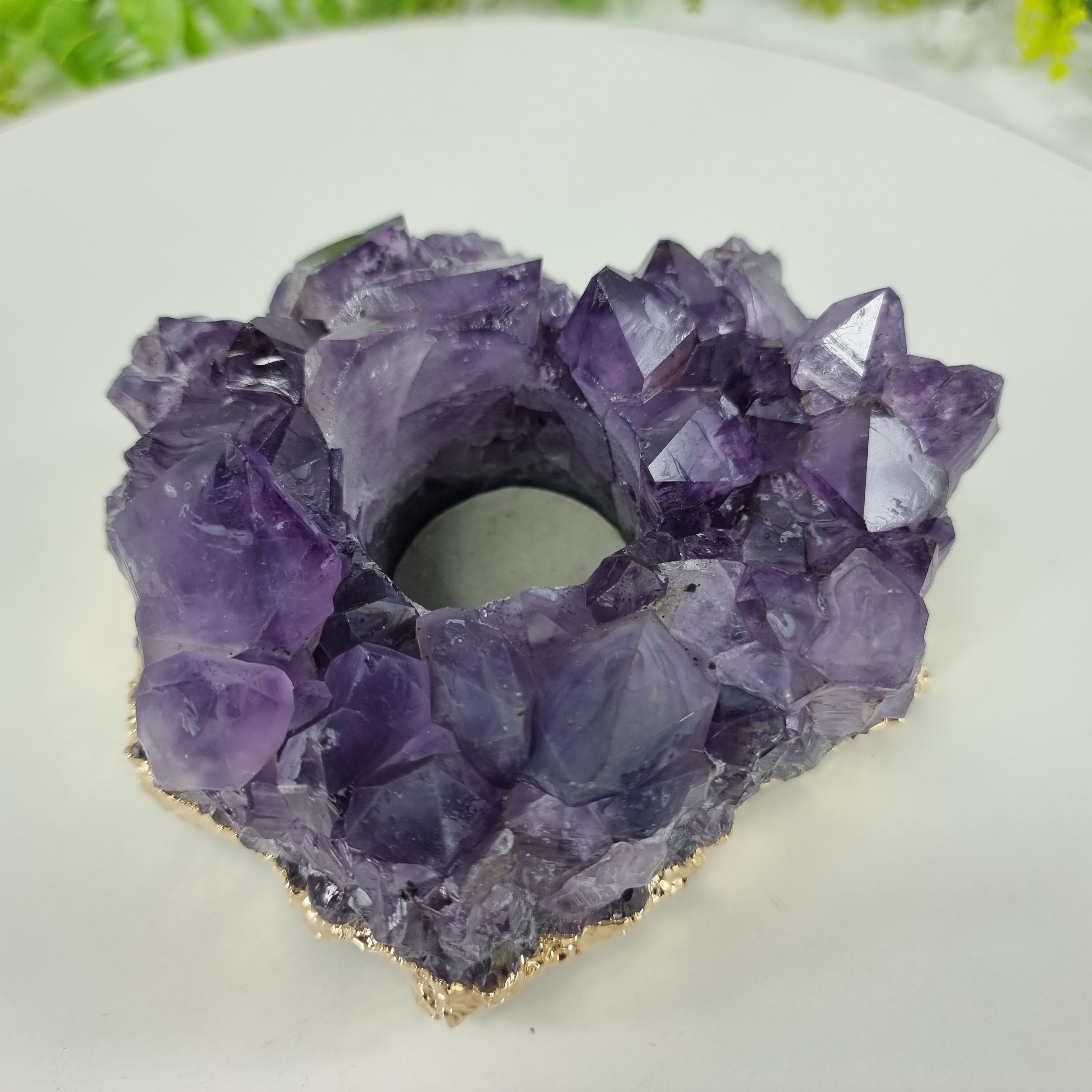 Porta Vela de Ametista Drusa com Cristais Especiais | Banho Dourado Bordas | Energia, Beleza e Sofisticação | Peça Artesanal BR Crystal