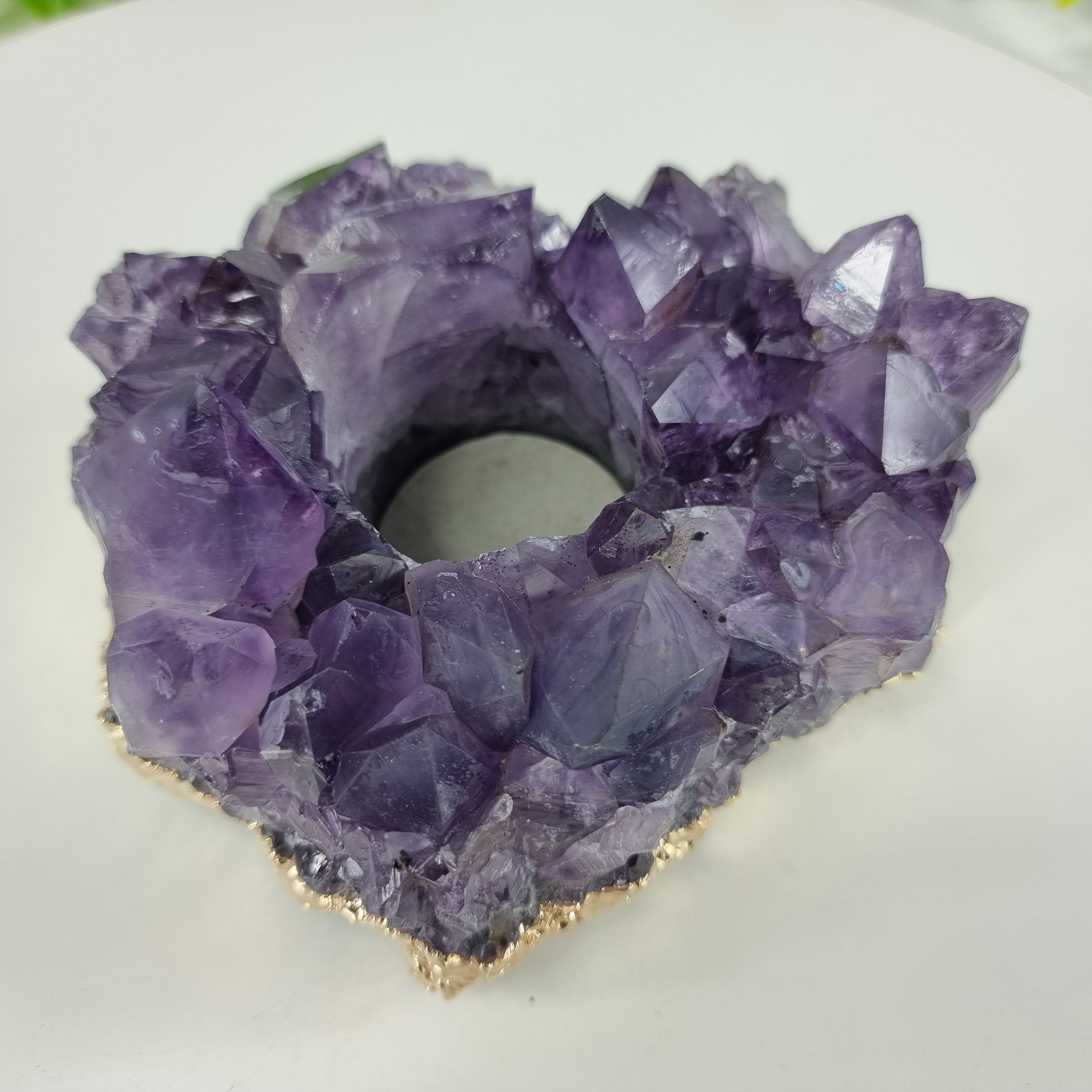 Porta Vela de Ametista Drusa com Cristais Especiais | Banho Dourado Bordas | Energia, Beleza e Sofisticação | Peça Artesanal BR Crystal