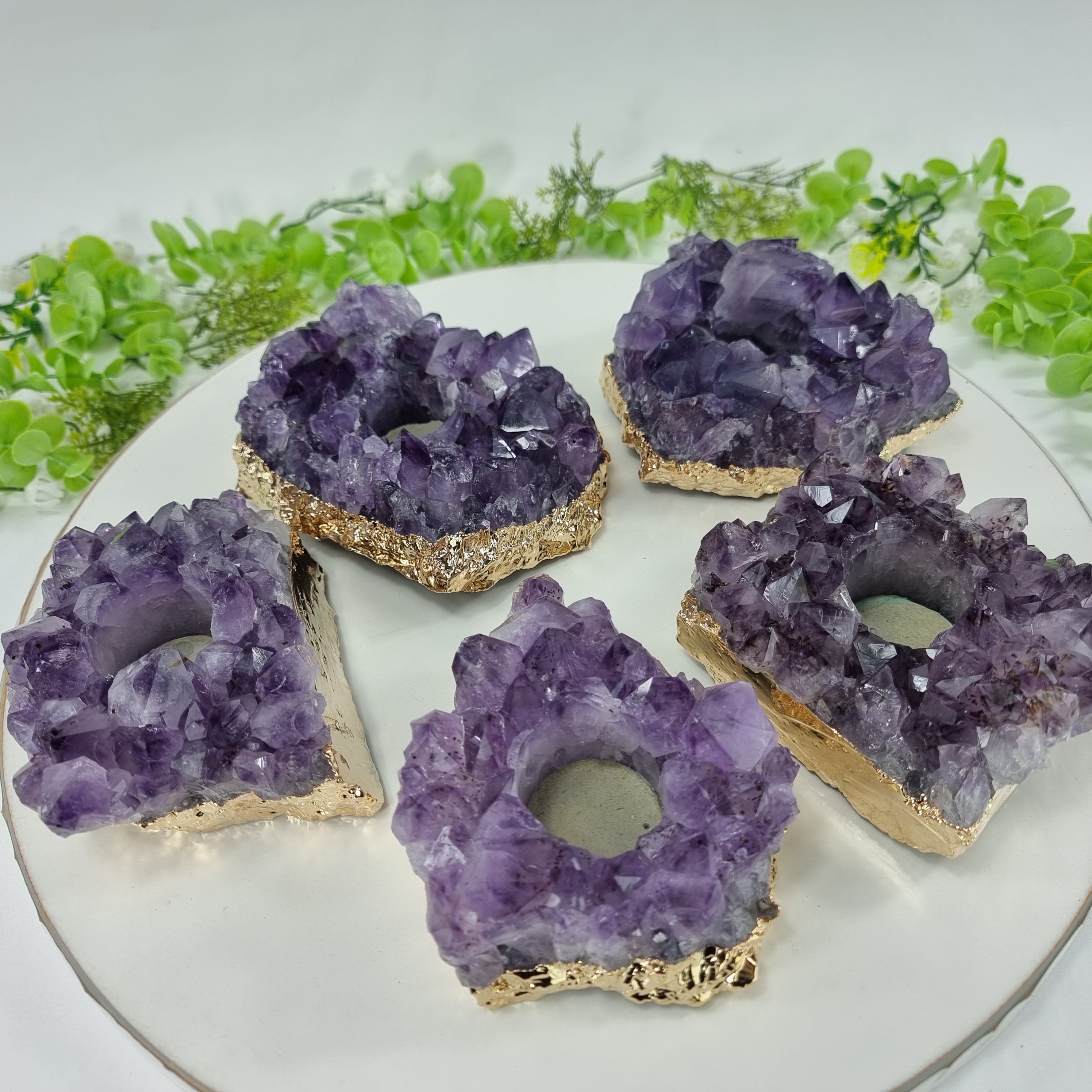 Porta Vela de Ametista Drusa com Cristais Especiais | Banho Dourado Bordas | Energia, Beleza e Sofisticação | Peça Artesanal BR Crystal