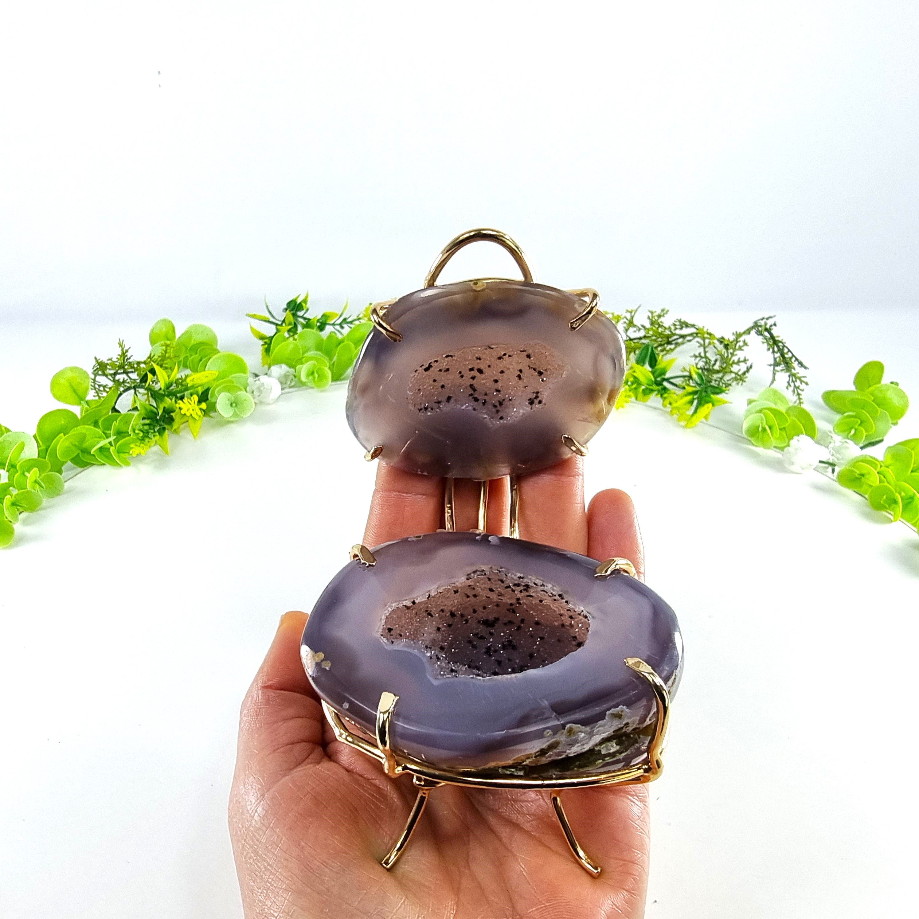 Porta Joias de Geodo de Àgatas | Base Dourada | Peso 310 g, Altura 6 cm | Peça Super Especial