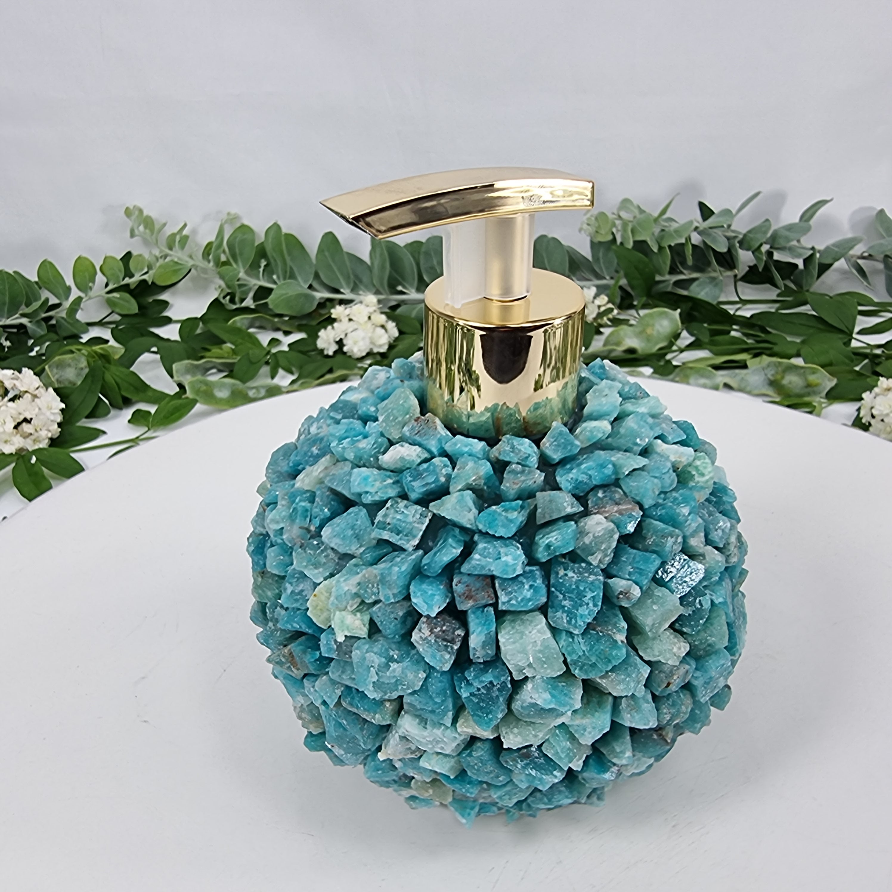 Saboneteira de Amazonita Natural | Qualidade Extra altura 15 cm | Bocal Dourado e Prateado | Energia, Beleza e Sofisticação