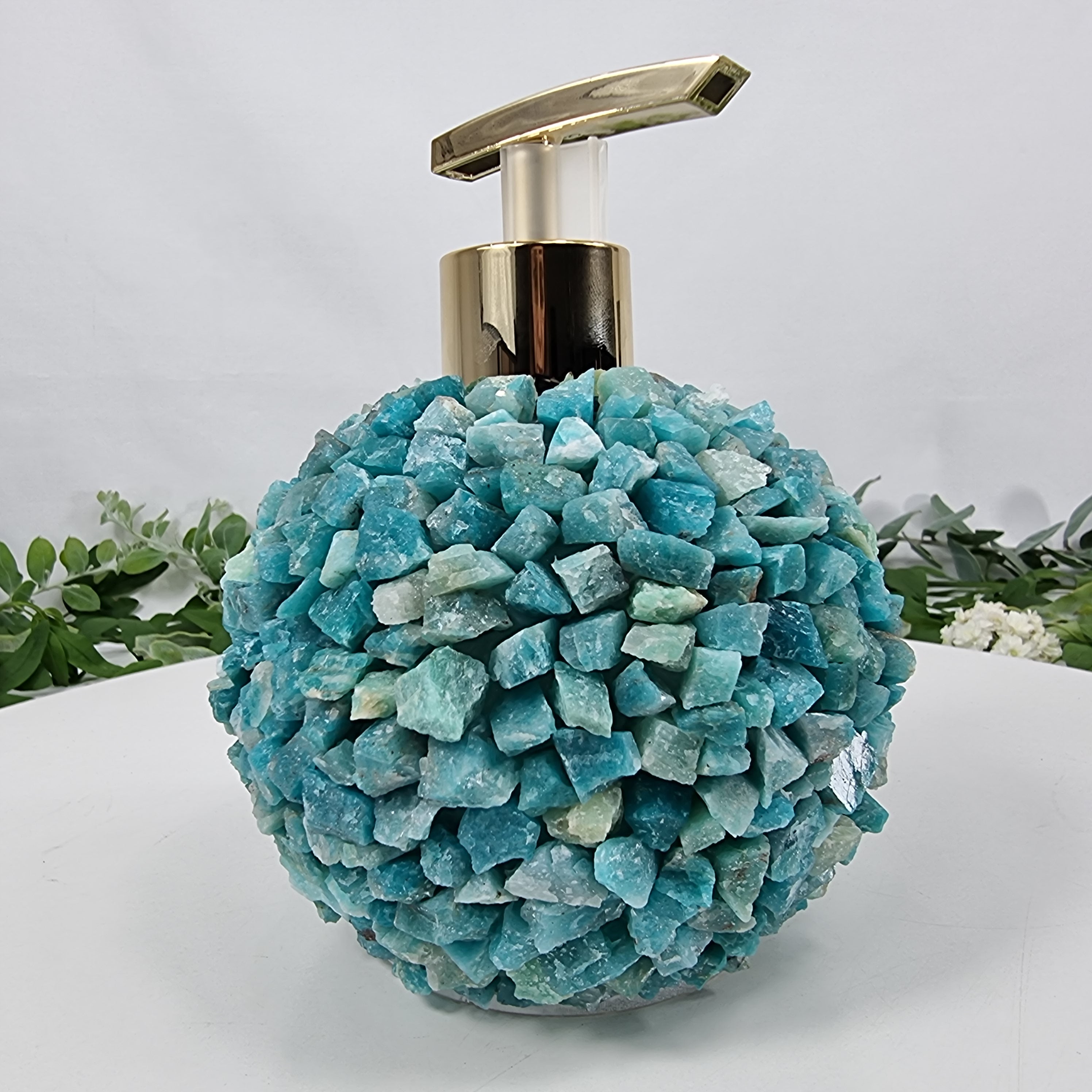 Saboneteira de Amazonita Natural | Qualidade Extra altura 15 cm | Bocal Dourado e Prateado | Energia, Beleza e Sofisticação