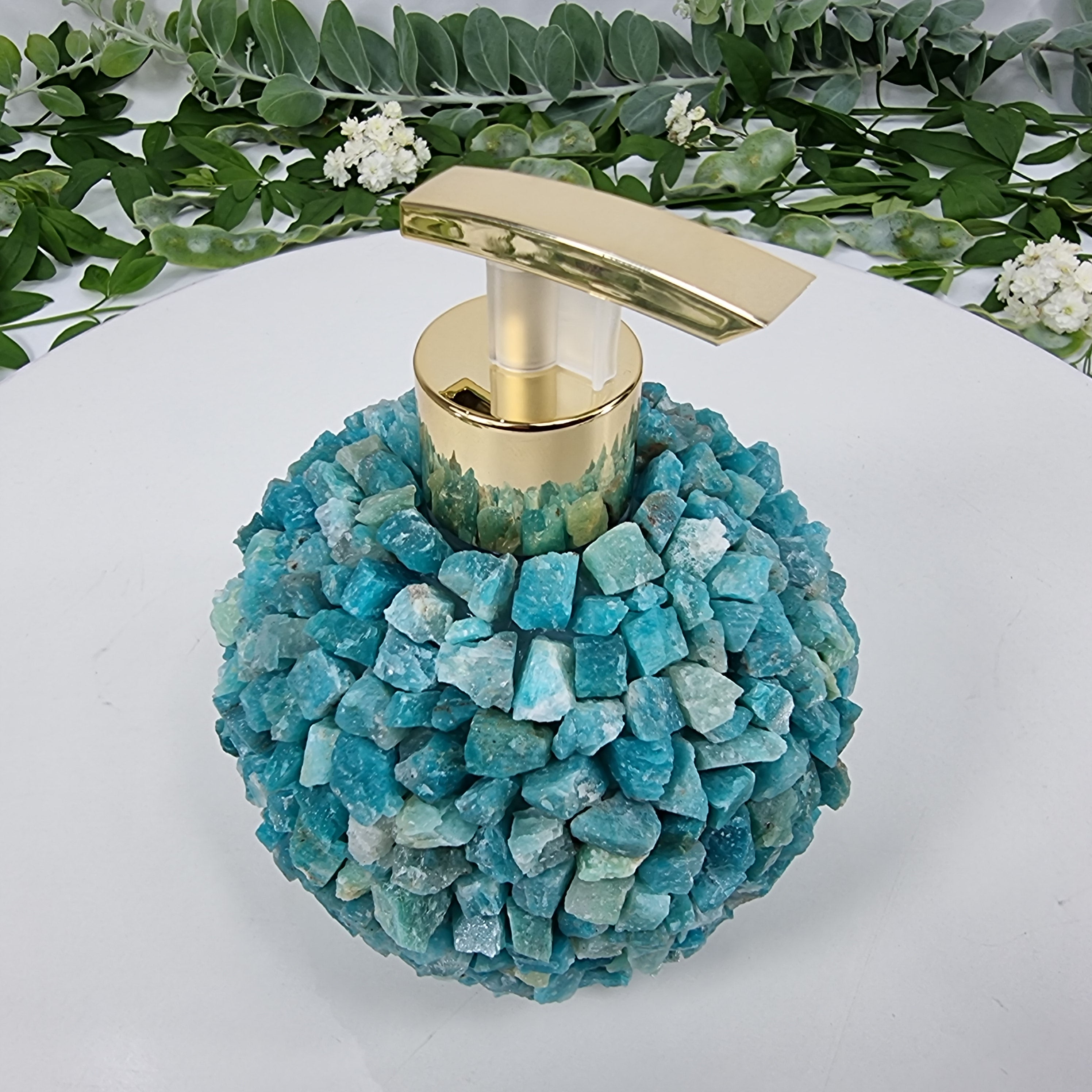 Saboneteira de Amazonita Natural | Qualidade Extra altura 15 cm | Bocal Dourado e Prateado | Energia, Beleza e Sofisticação