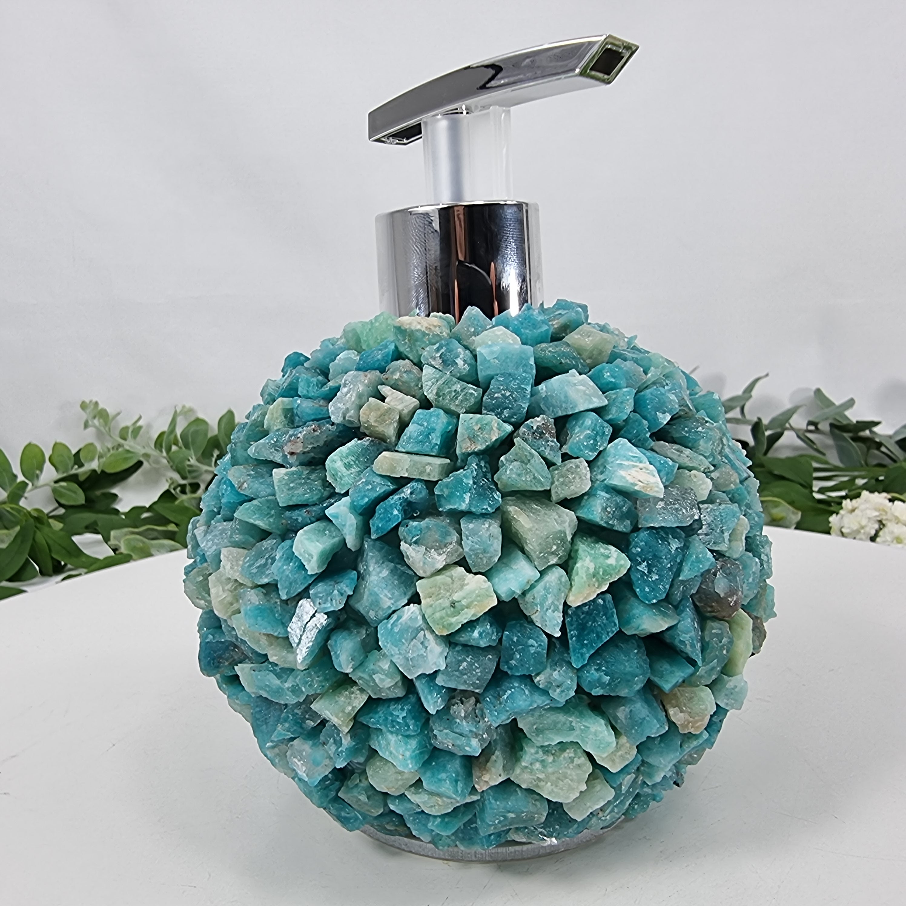 Saboneteira de Amazonita Natural | Qualidade Extra altura 15 cm | Bocal Dourado e Prateado | Energia, Beleza e Sofisticação