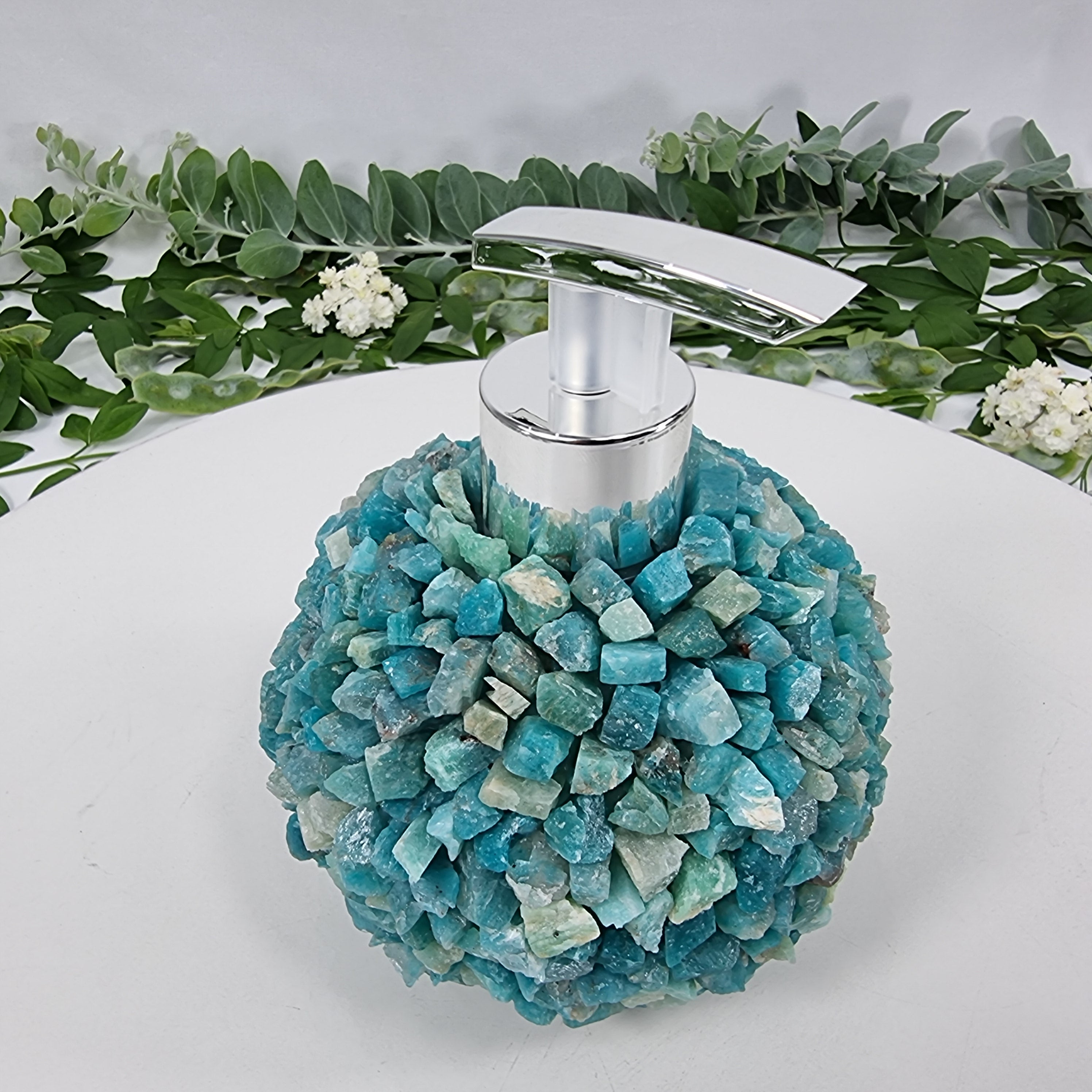 Saboneteira de Amazonita Natural | Qualidade Extra altura 15 cm | Bocal Dourado e Prateado | Energia, Beleza e Sofisticação