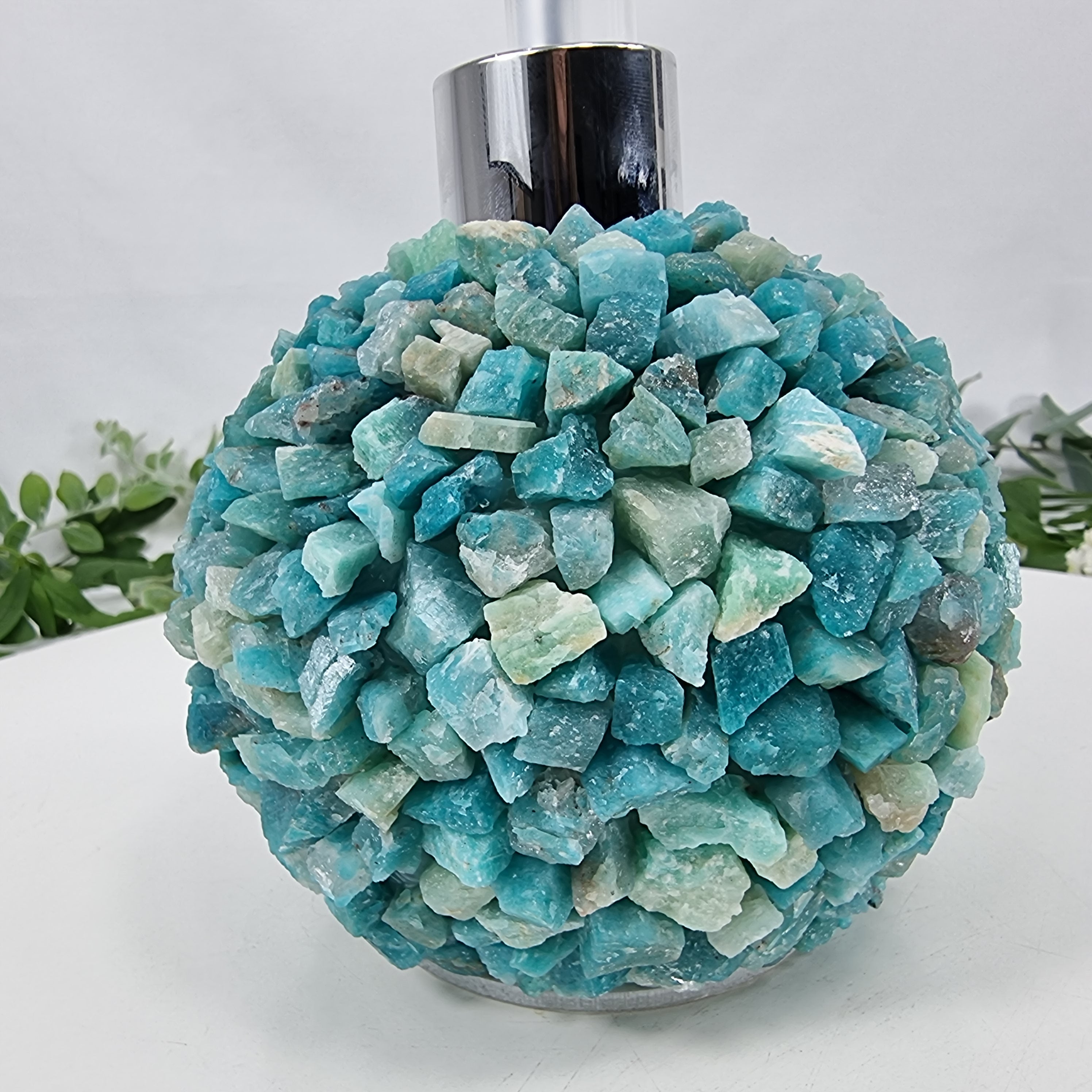 Saboneteira de Amazonita Natural | Qualidade Extra altura 15 cm | Bocal Dourado e Prateado | Energia, Beleza e Sofisticação