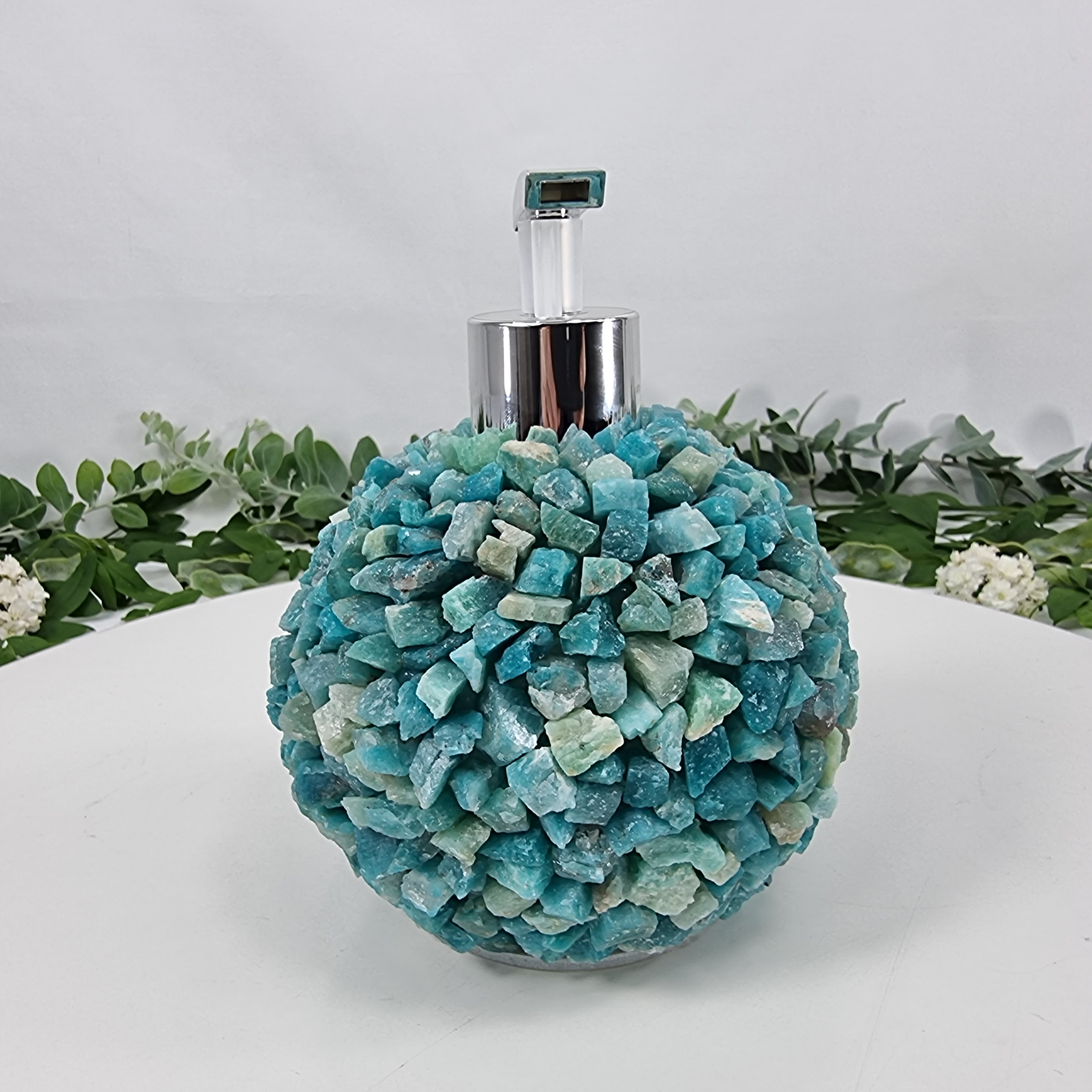 Saboneteira de Amazonita Natural | Qualidade Extra altura 15 cm | Bocal Dourado e Prateado | Energia, Beleza e Sofisticação