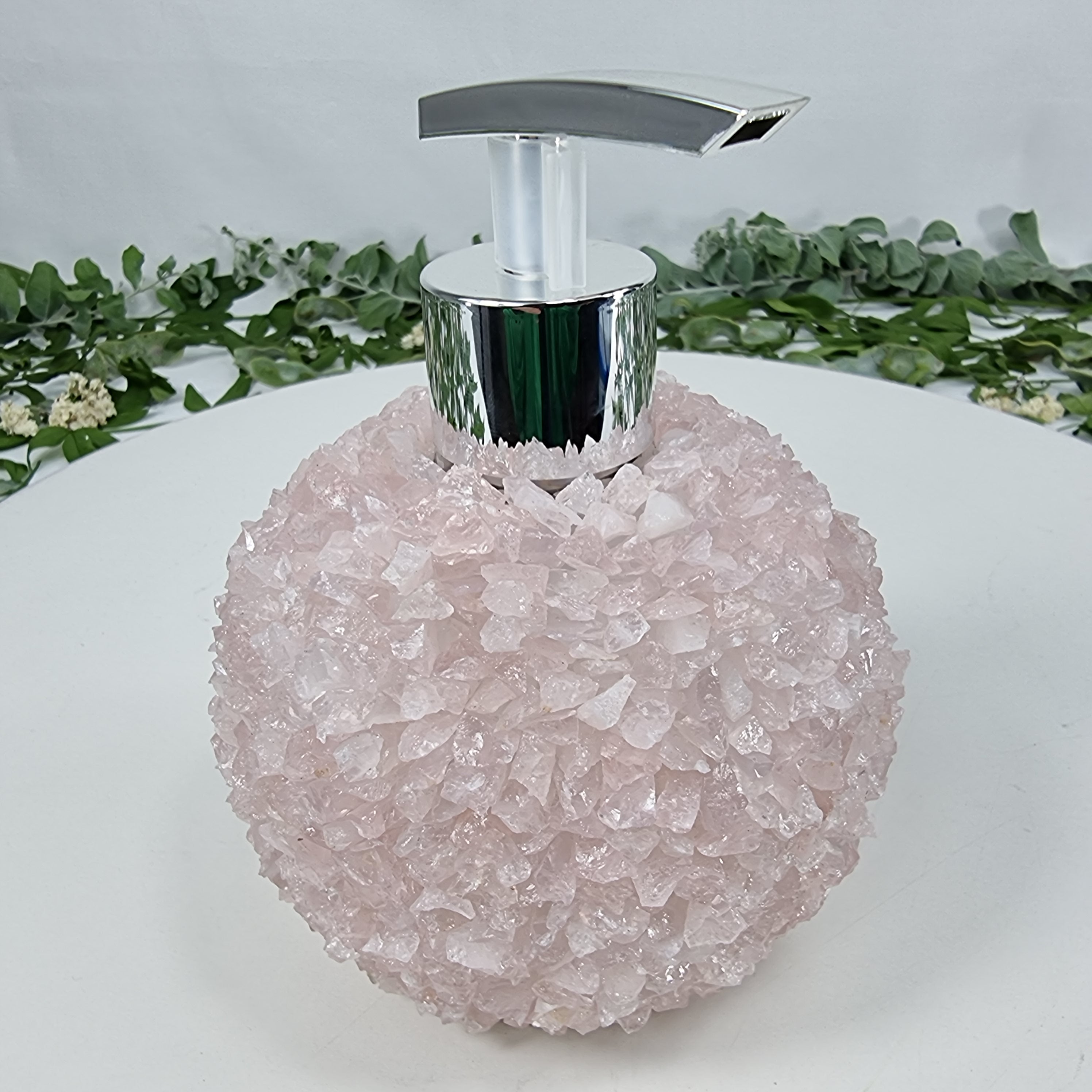 Saboneteira de Quartzo Rosa | Qualidade Extra altura 15 cm | Bocal Dourado e Prateado | Energia, Beleza e Sofisticação