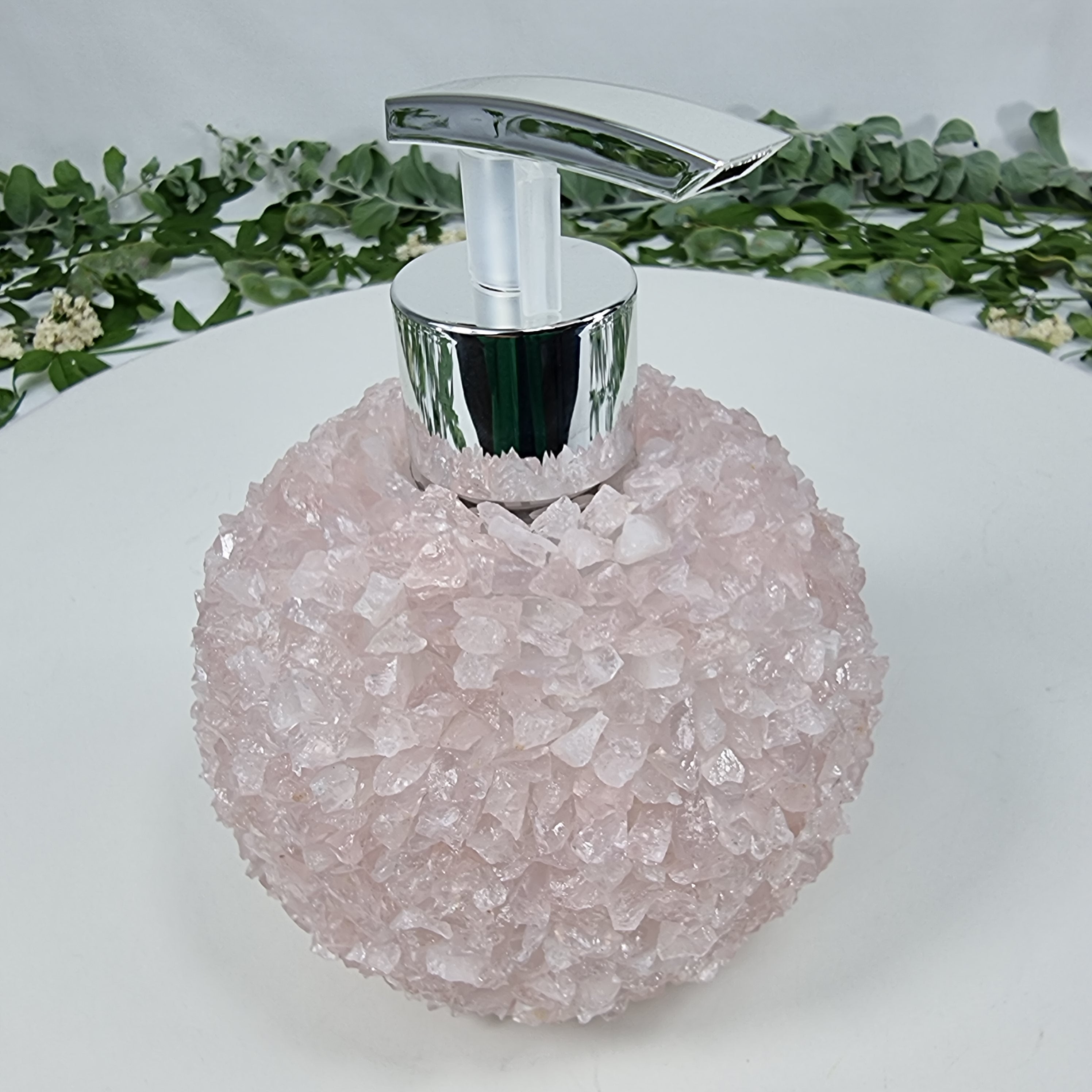 Saboneteira de Quartzo Rosa | Qualidade Extra altura 15 cm | Bocal Dourado e Prateado | Energia, Beleza e Sofisticação