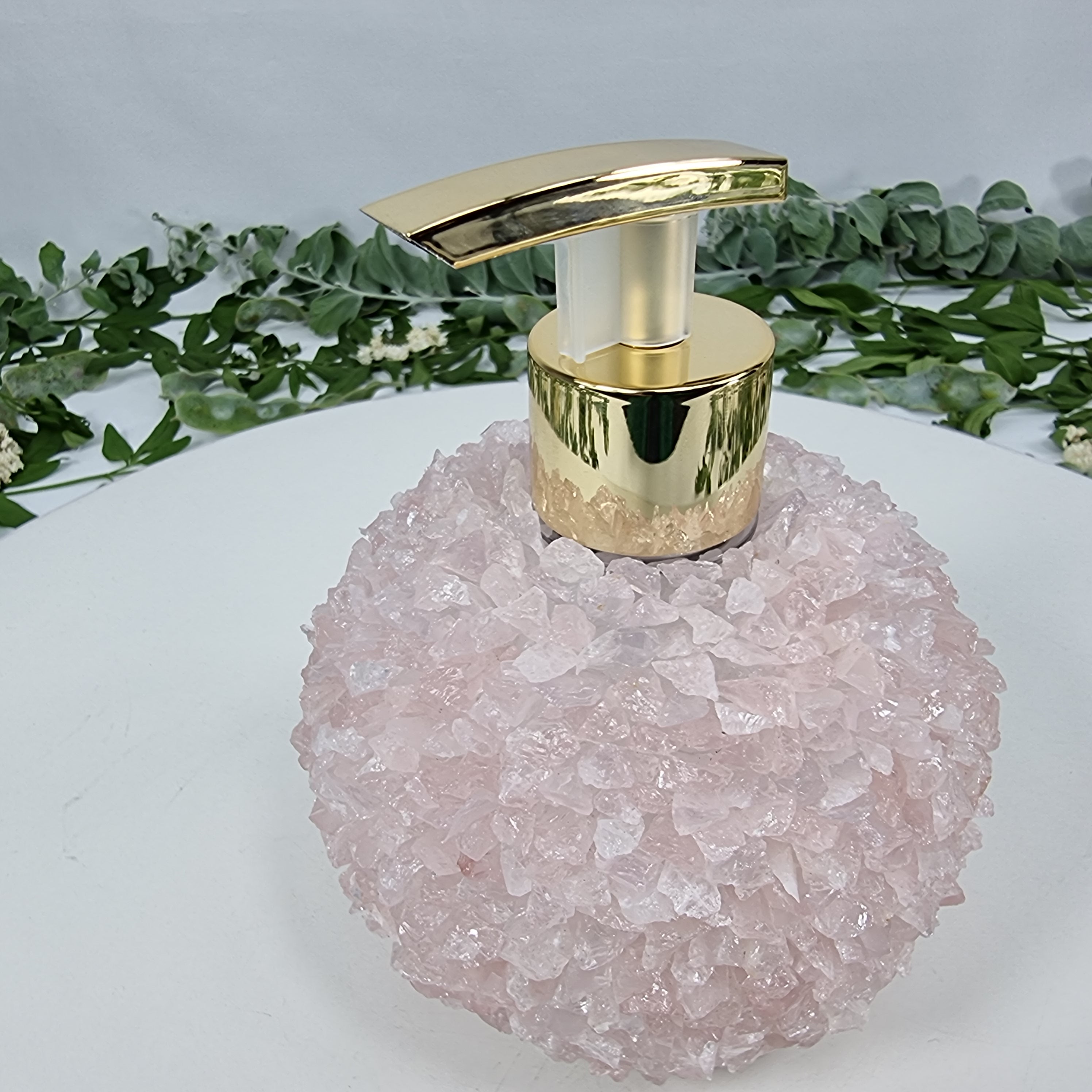 Saboneteira de Quartzo Rosa | Qualidade Extra altura 15 cm | Bocal Dourado e Prateado | Energia, Beleza e Sofisticação