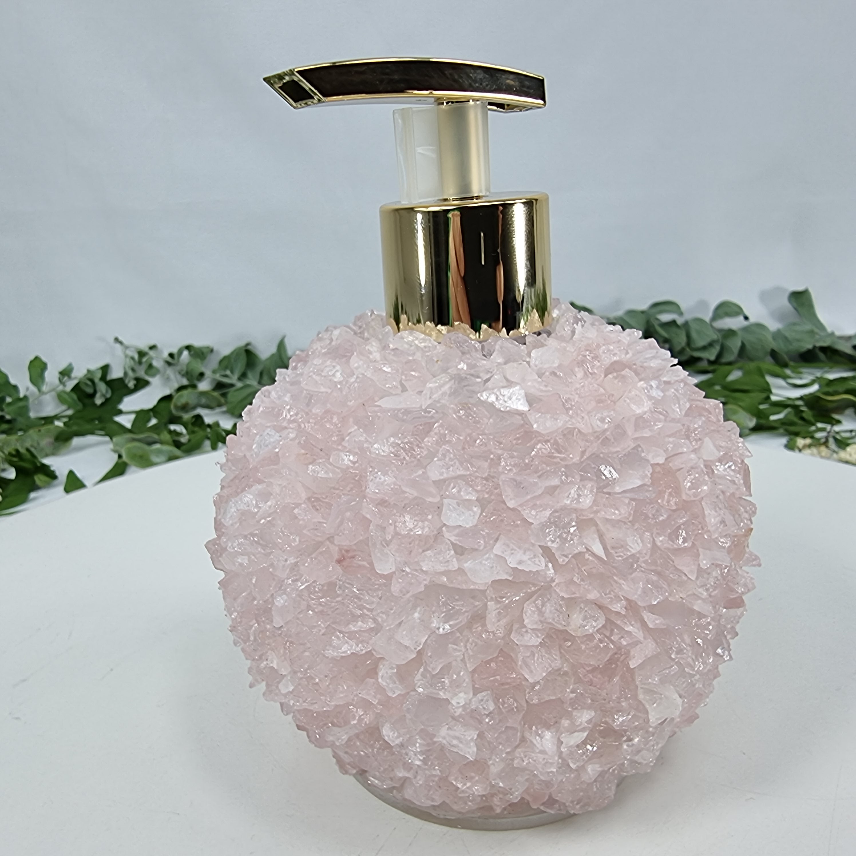 Saboneteira de Quartzo Rosa | Qualidade Extra altura 15 cm | Bocal Dourado e Prateado | Energia, Beleza e Sofisticação