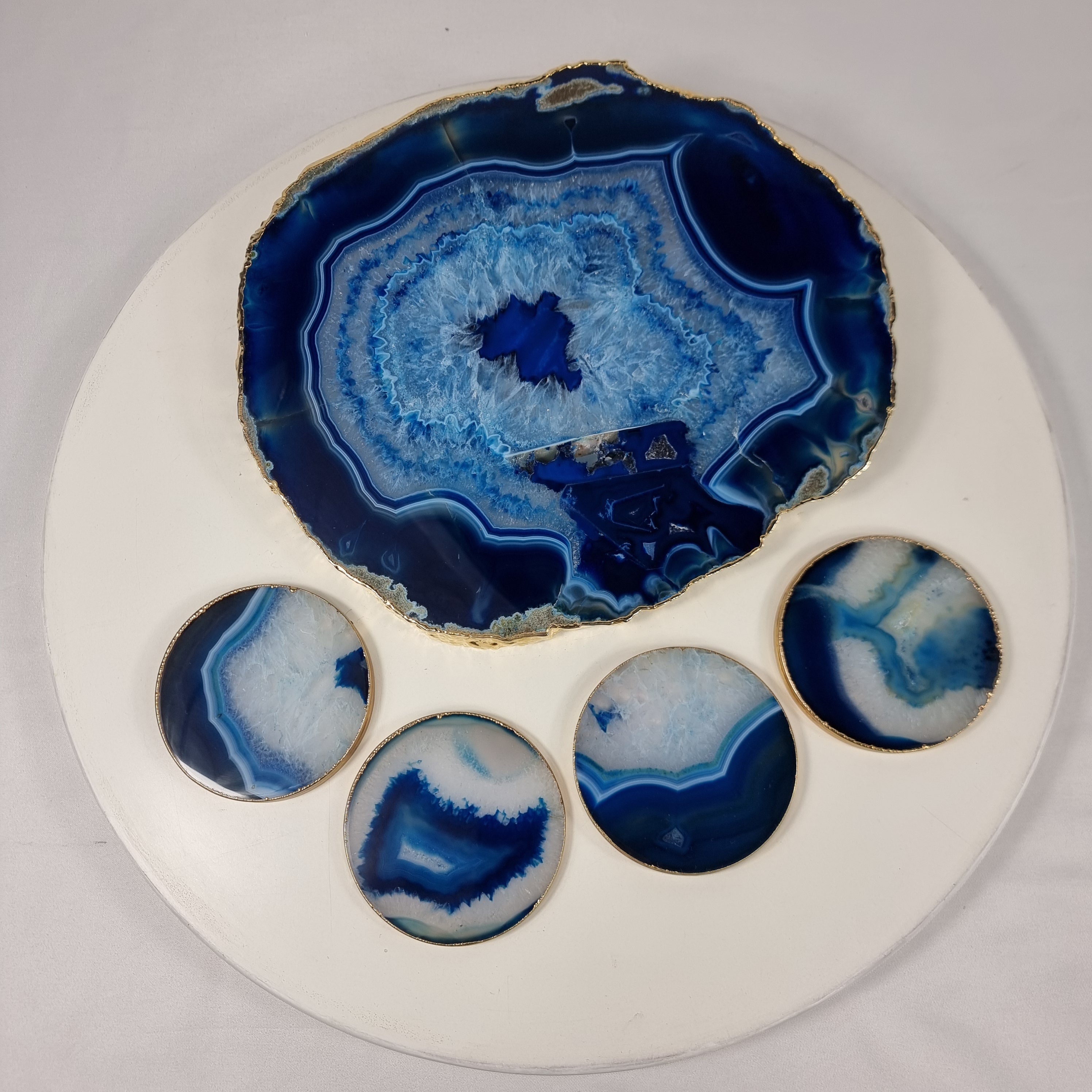 Bandeja com Porta Copos de Ágatas AZUIS Naturais | 5 Unidades | Tamanho 30 cm | Peça Artesanal BR Crystals