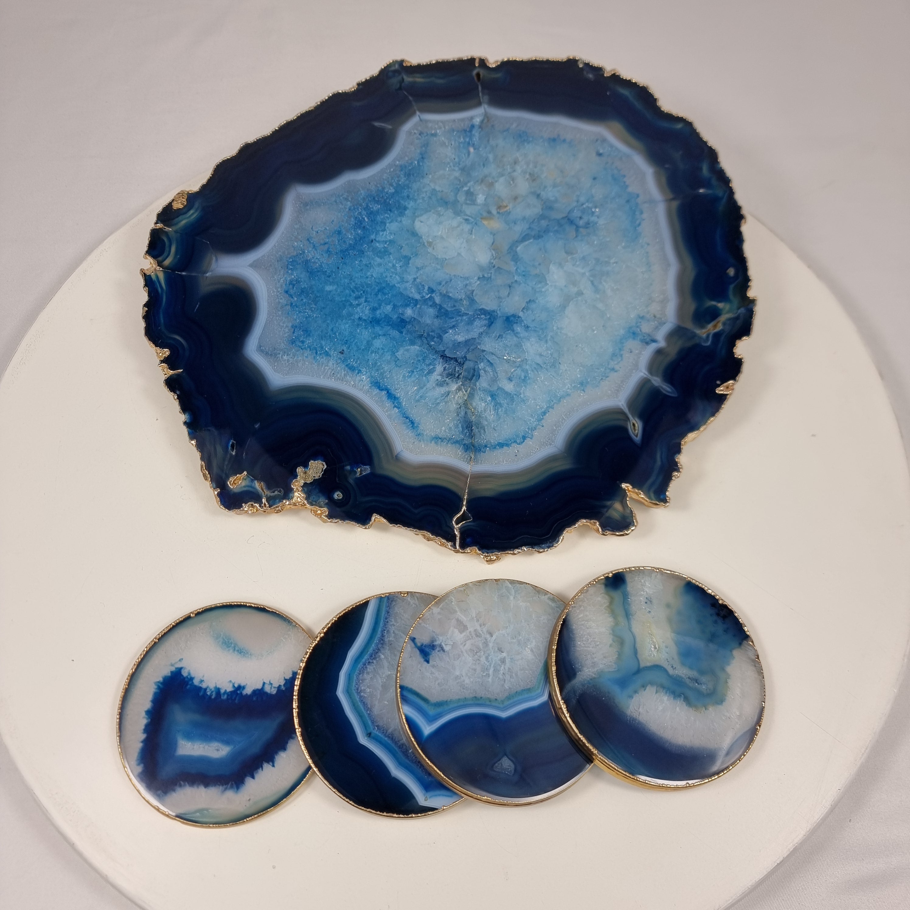 Bandeja com Porta Copos de Ágatas AZUIS Naturais | 5 Unidades | Tamanho 30 cm | Peça Artesanal BR Crystals