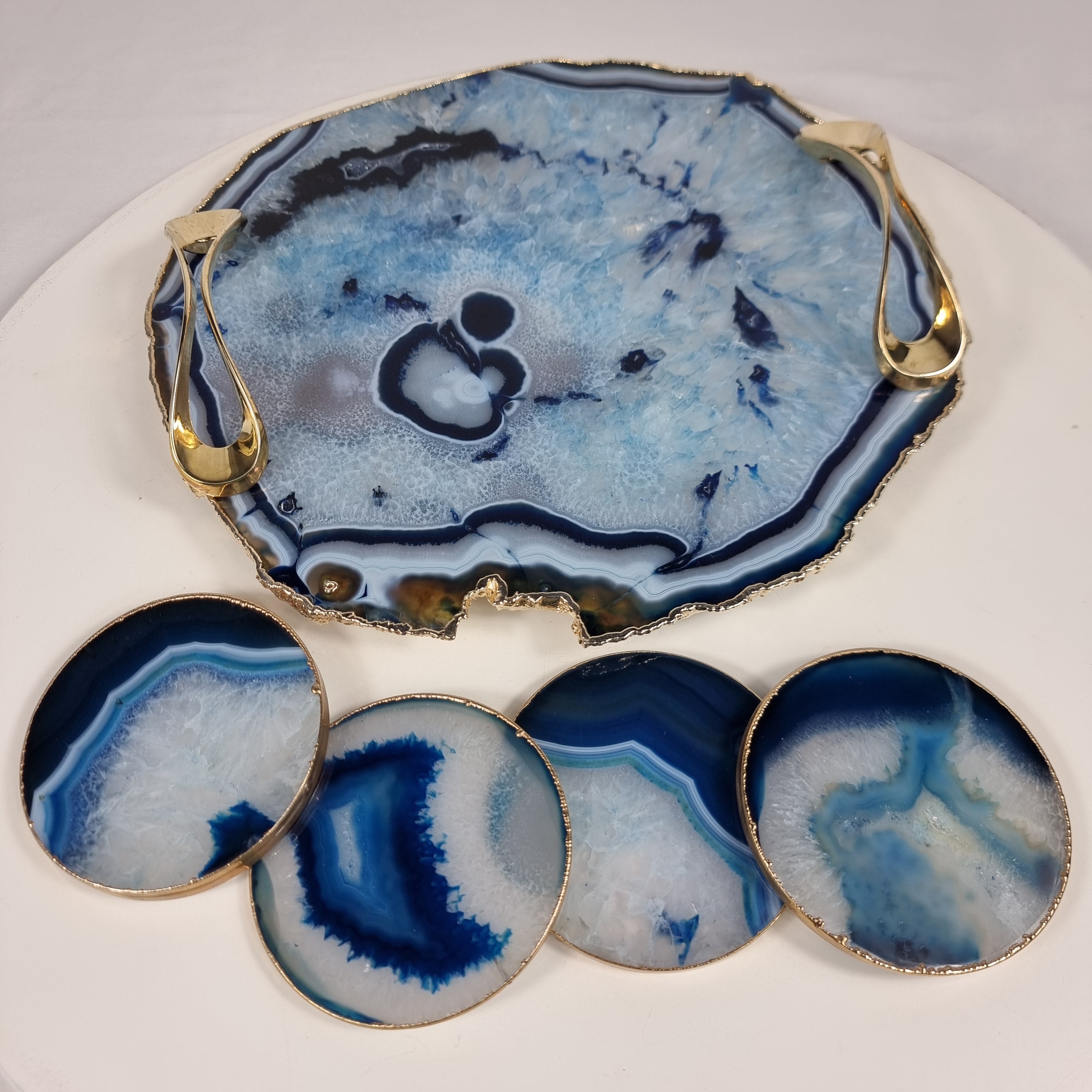 Bandeja com Porta Copos de Ágatas AZUIS com Puxadores| 5 Unidades | Tamanho 30 cm | Peça Artesanal BR Crystals