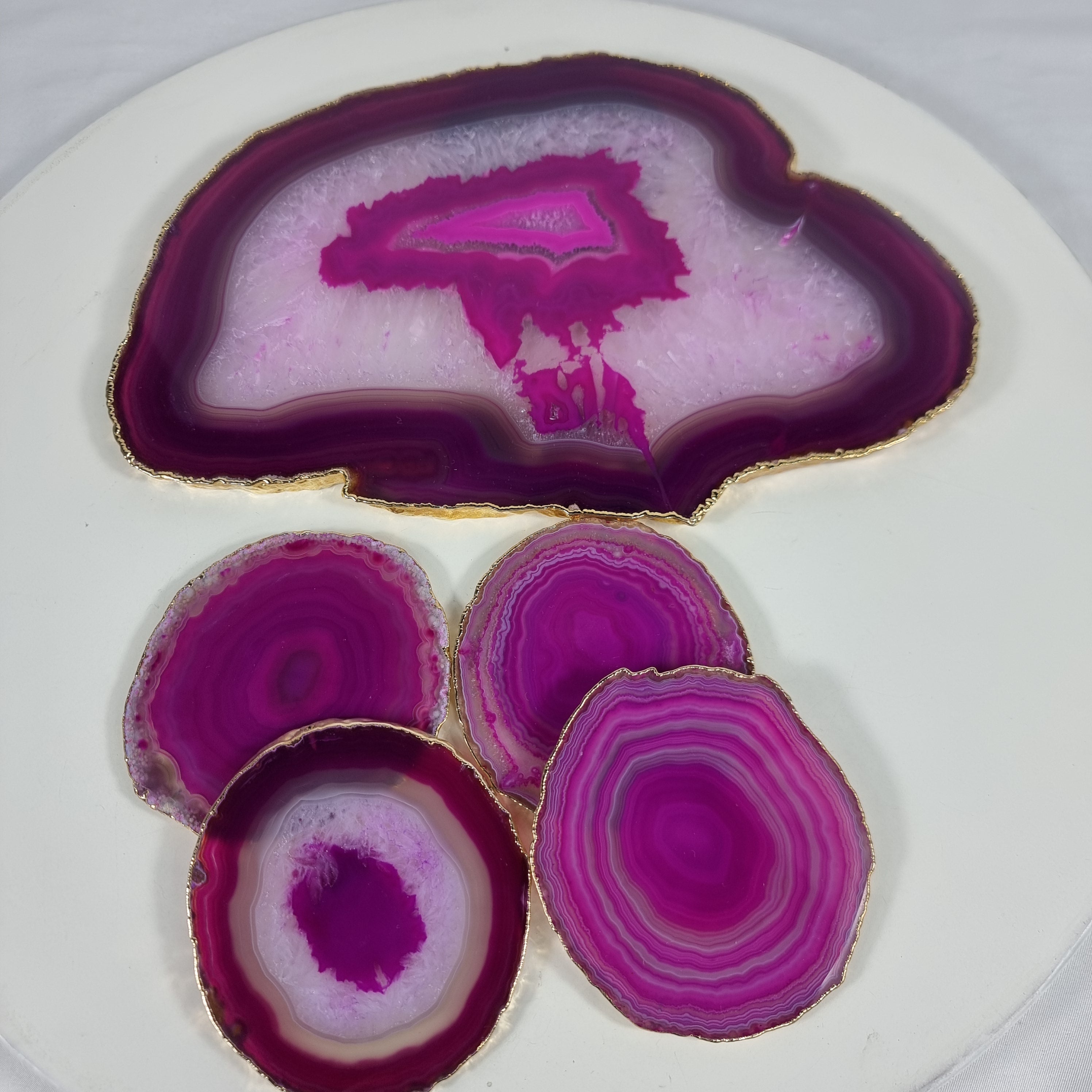 Bandeja com Porta Copos de Ágatas PINK | 5 Unidades | Tamanho 30 cm | Peça Artesanal BR Crystals