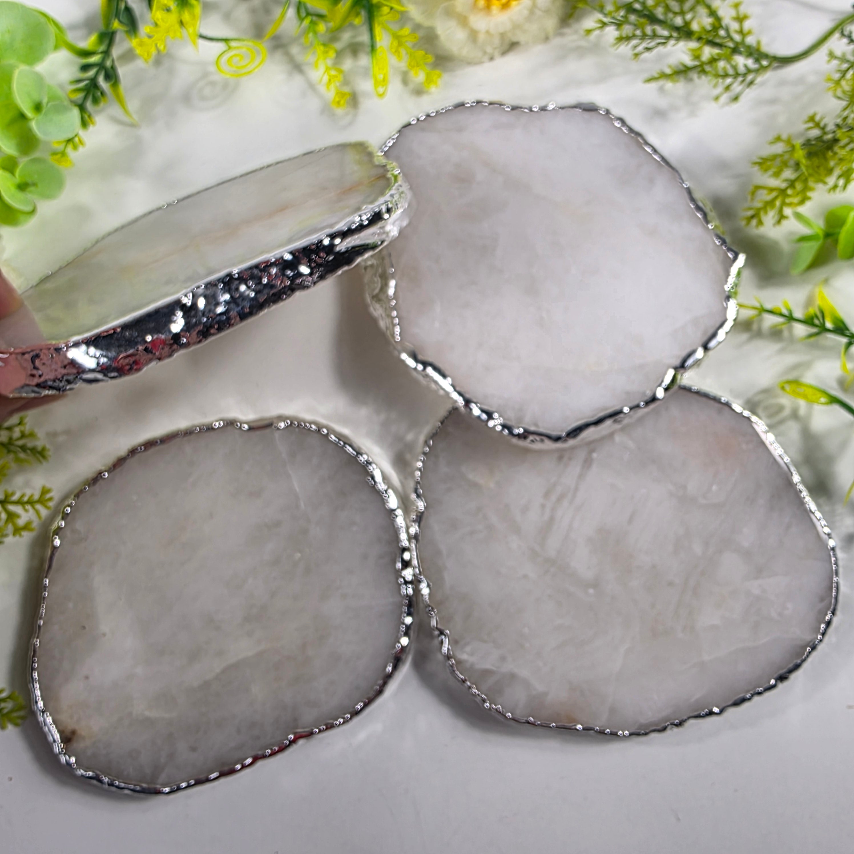 Porta Copos de Quartzo Rosa BANHO Prata | 4 unidades | Altura de 8 a 10 cm | Peça Artesanal BR Crystals