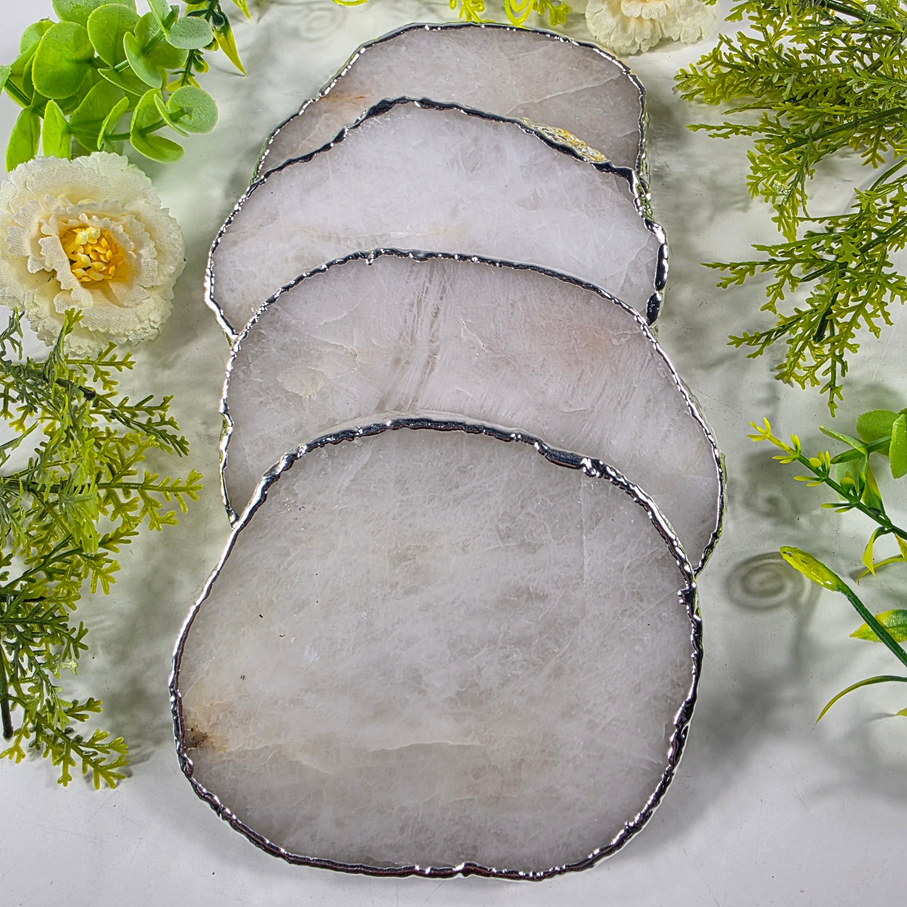 Porta Copos de Quartzo Rosa BANHO Prata | 4 unidades | Altura de 8 a 10 cm | Peça Artesanal BR Crystals