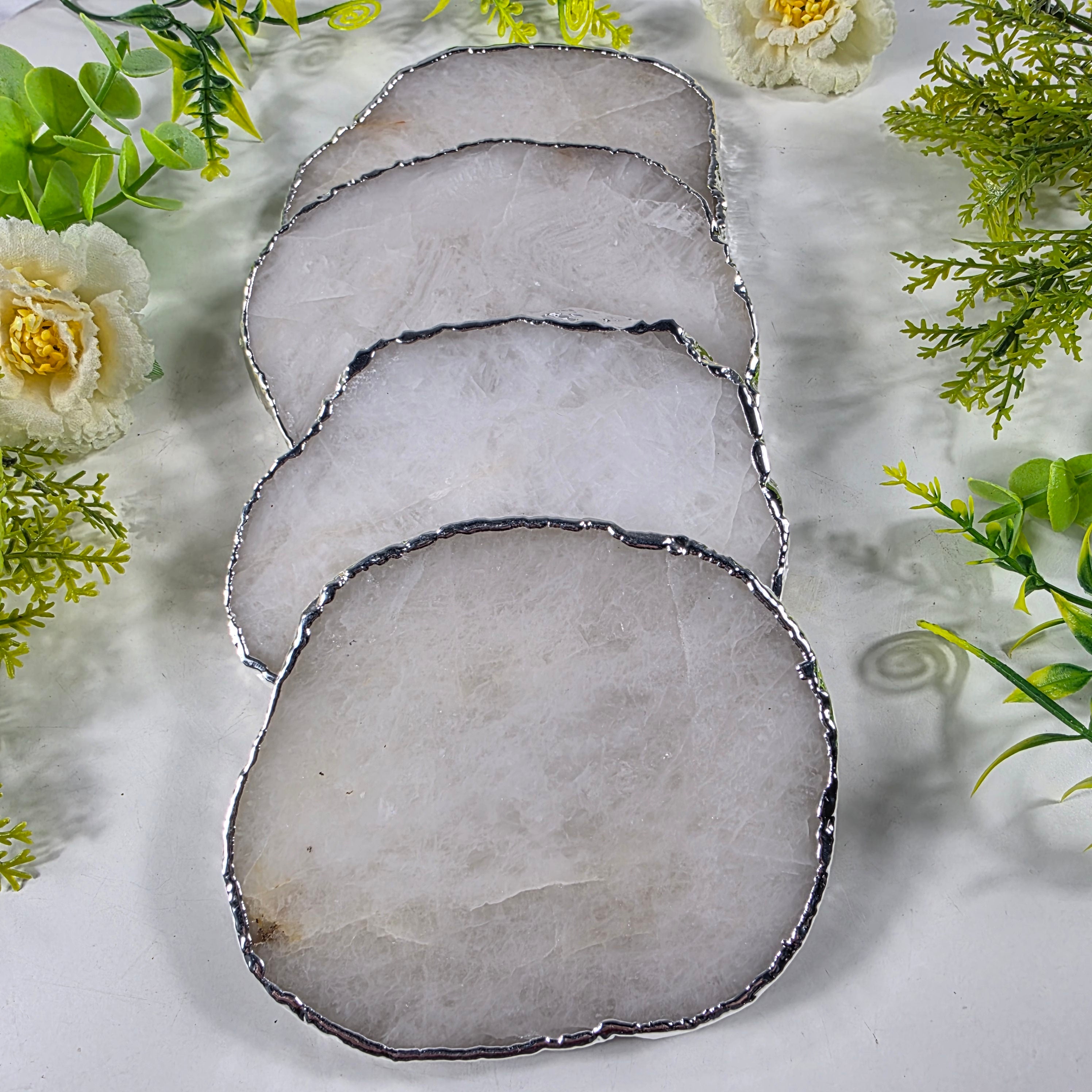 Porta Copos de Quartzo Rosa BANHO Prata | 4 unidades | Altura de 8 a 10 cm | Peça Artesanal BR Crystals