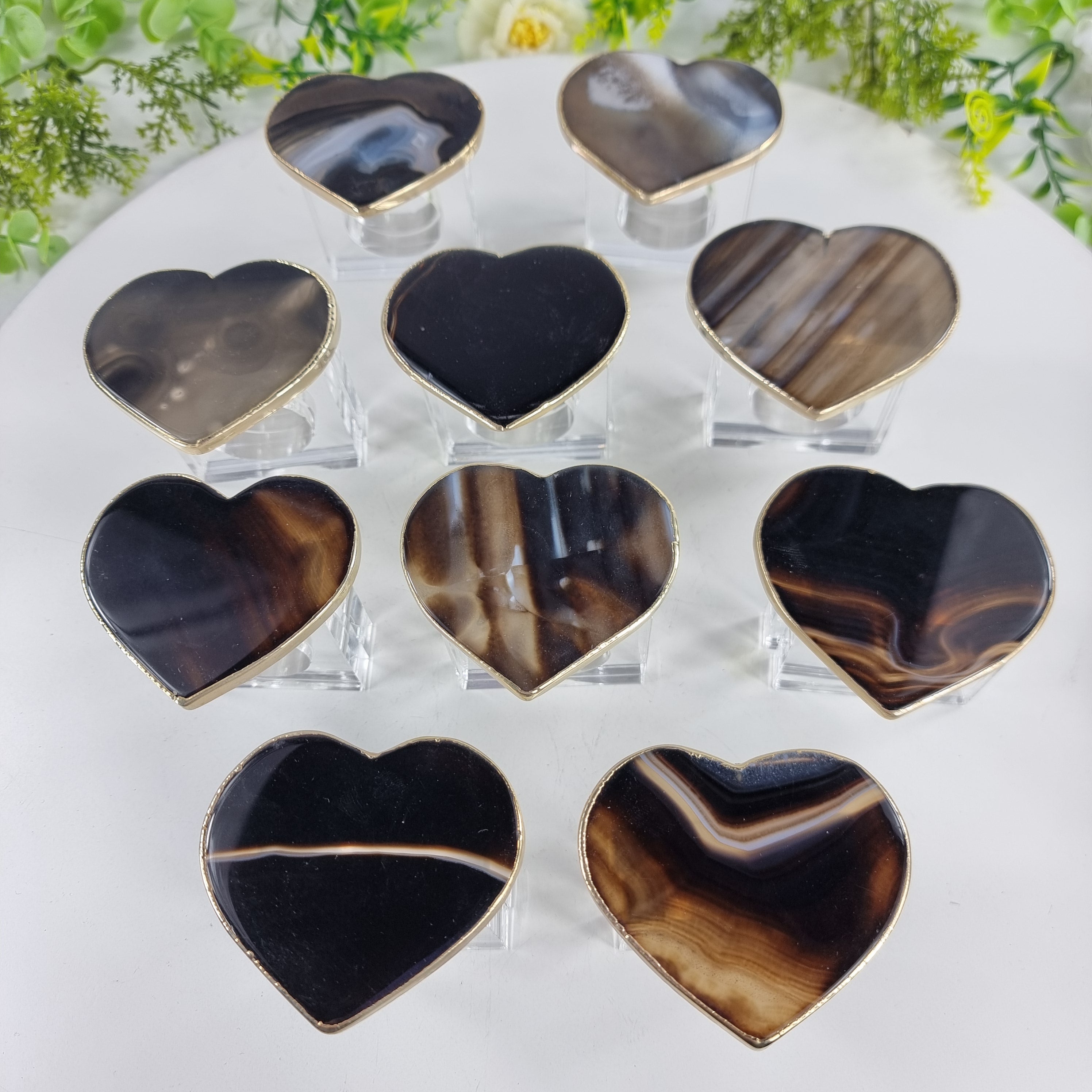 Porta Guardanapos de Ágatas Coração BANHO Dourado | Kit 10 Unidades, Tamanho 7 a 10 cm | Peça Artesanal BR Crystals