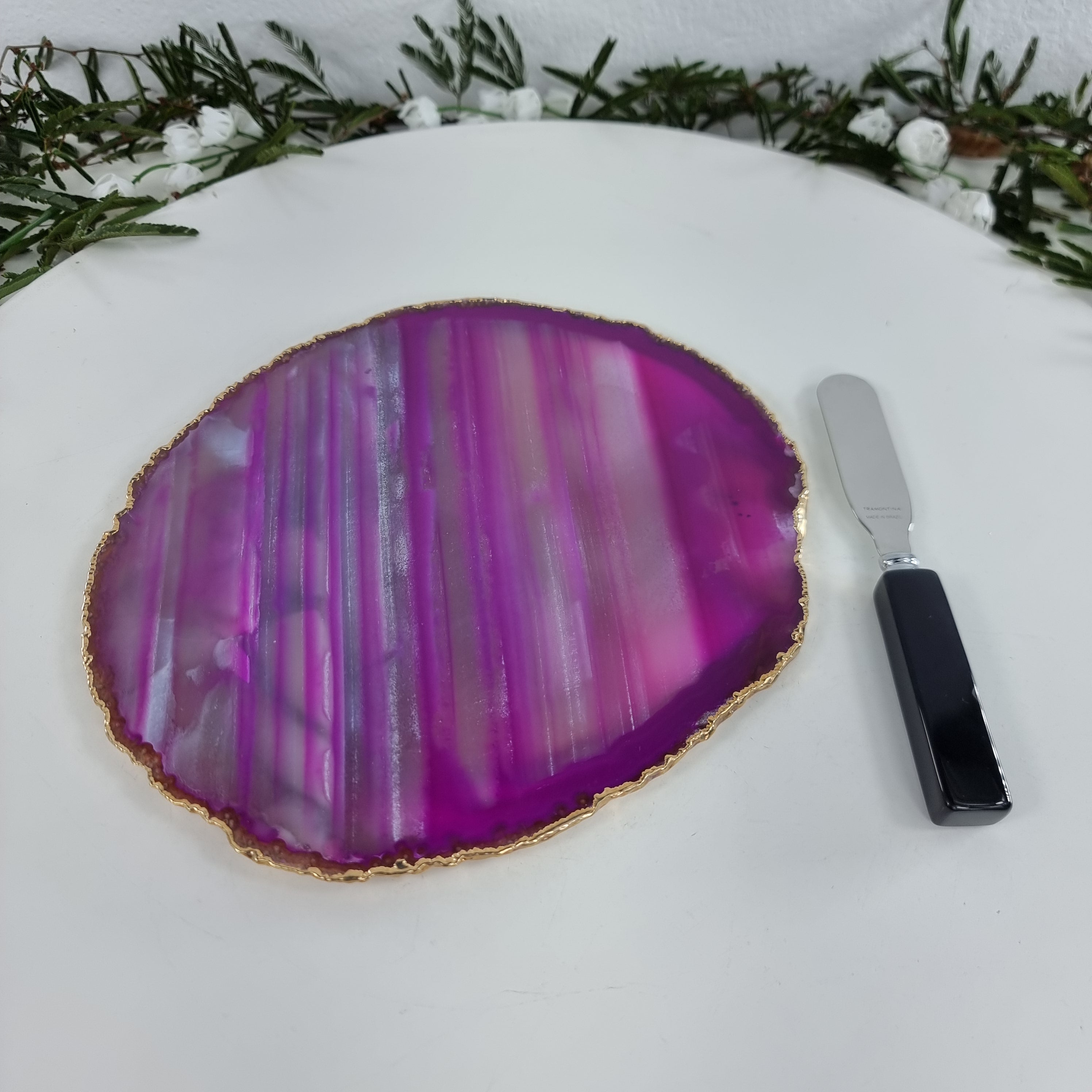 Porta FRIOS de Ágatas COM Espátula, Banho Dourado | 1 Unidade, Tamanho 18 a 20 cm | Peça Artesanal BR Crystals