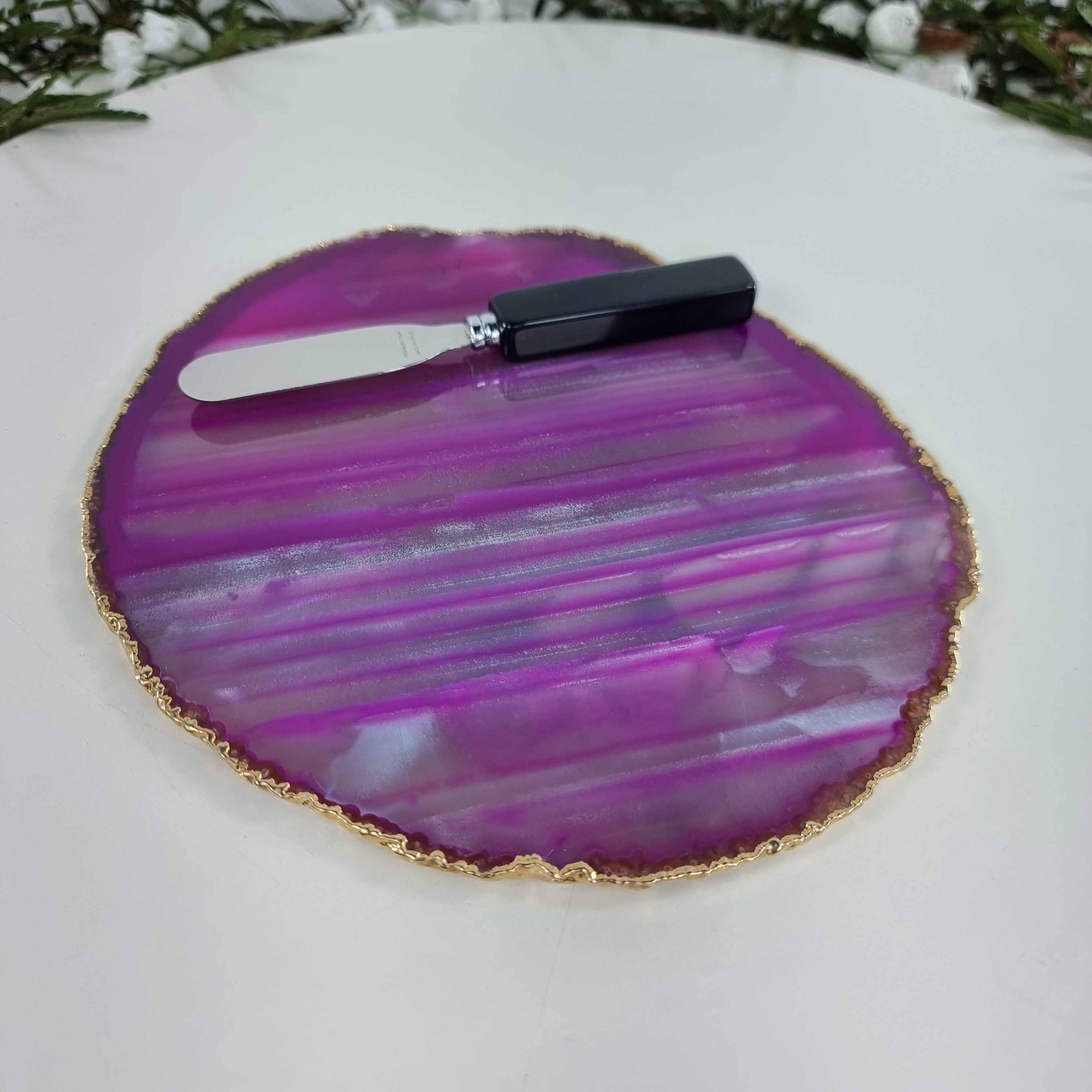 Porta FRIOS de Ágatas COM Espátula, Banho Dourado | 1 Unidade, Tamanho 18 a 20 cm | Peça Artesanal BR Crystals