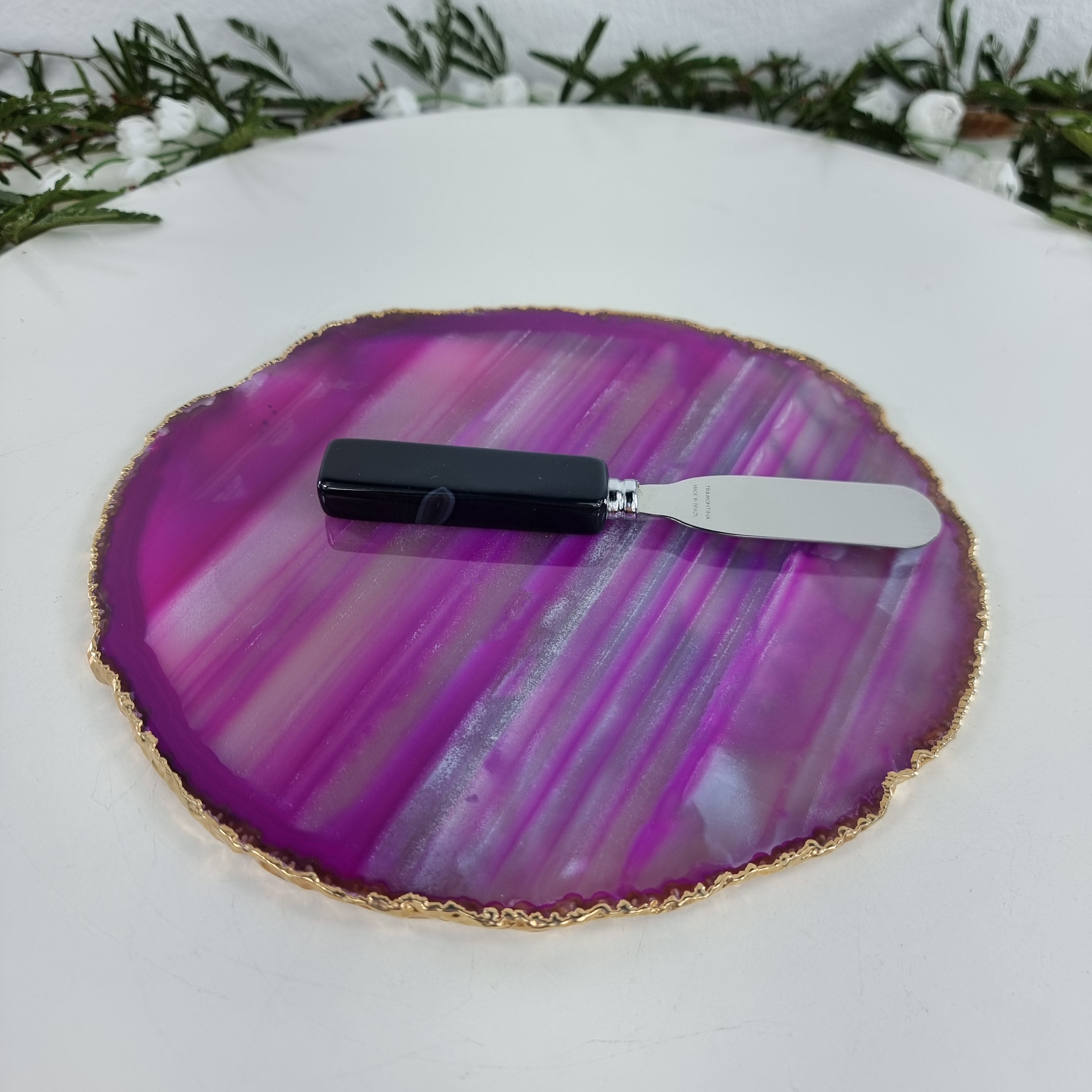 Porta FRIOS de Ágatas COM Espátula, Banho Dourado | 1 Unidade, Tamanho 18 a 20 cm | Peça Artesanal BR Crystals