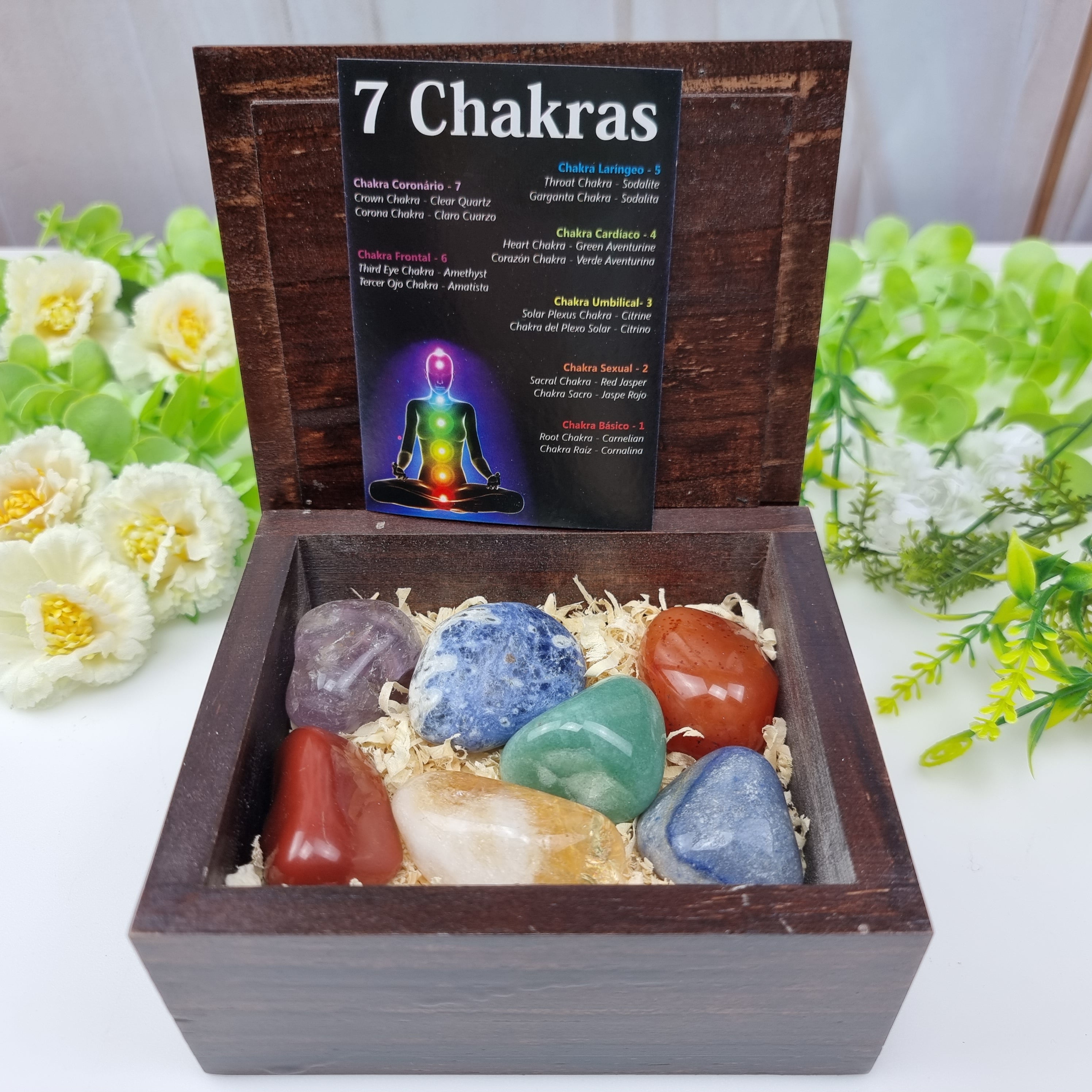 7 Chacras Caixa De Pedras Terapêuticas Polidas embalagem de madeira 1 Pç