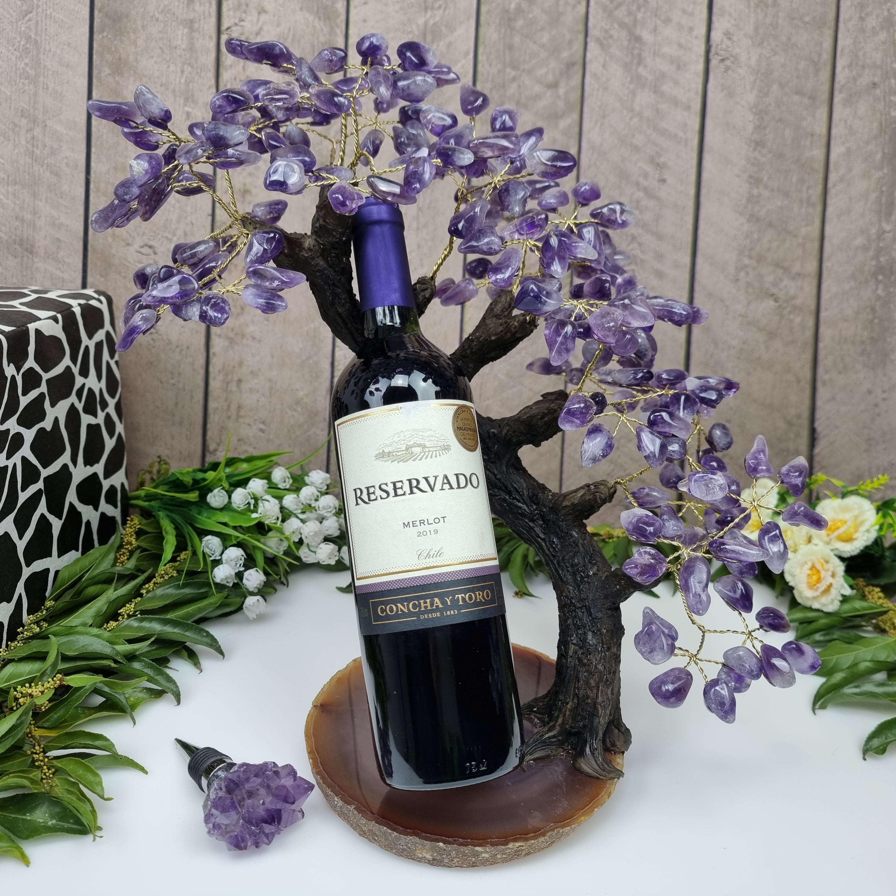 Árvore de Ametista Porta Vinho base ágatas, 44 galhos e 220 pedras, 40 cm alt peso 2,450 kg