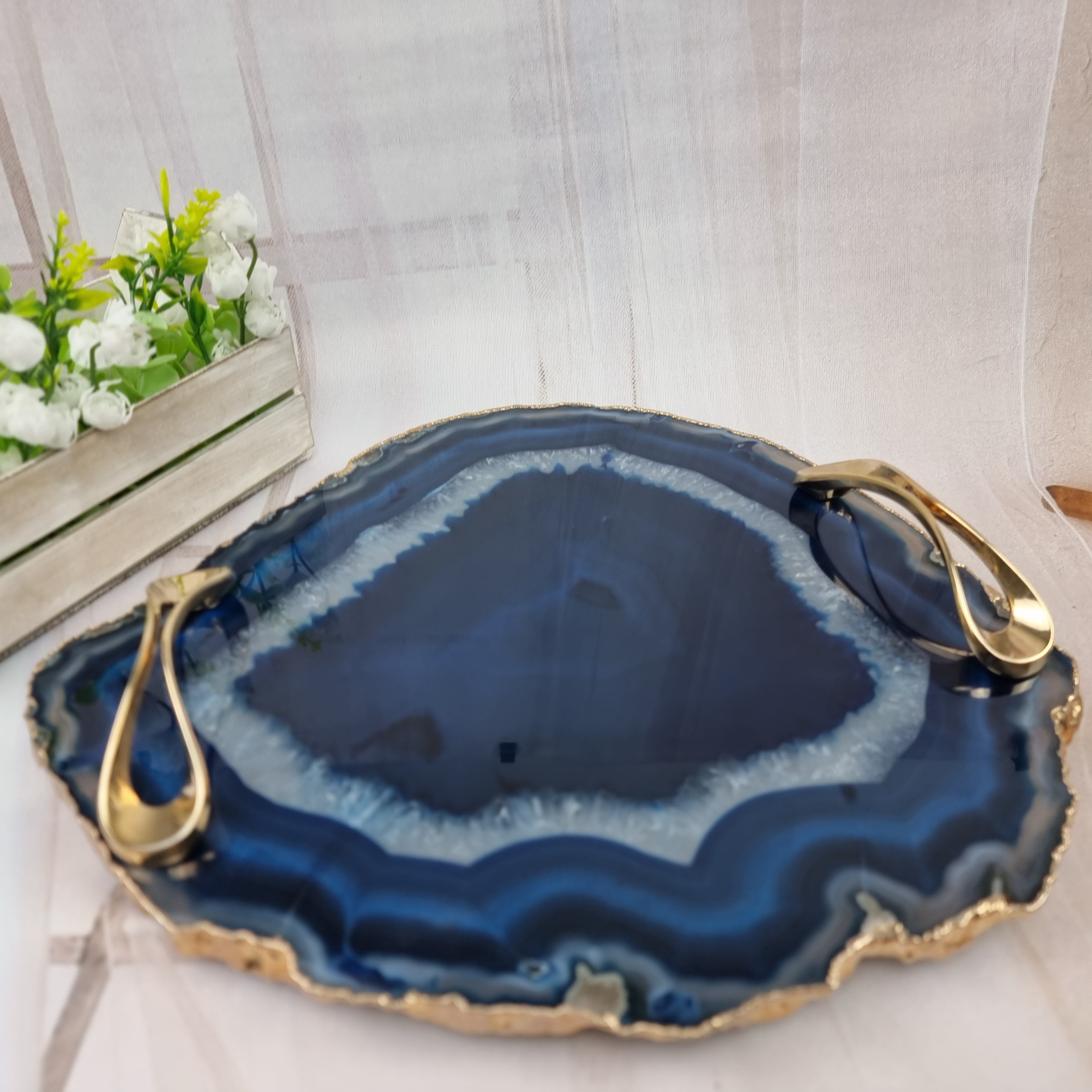 Bandejas de Ágatas Naturais com Puxadores| 1 Unidade Banho Dourado | Tamanho 30 cm | Peça Artesanal BR Crystals