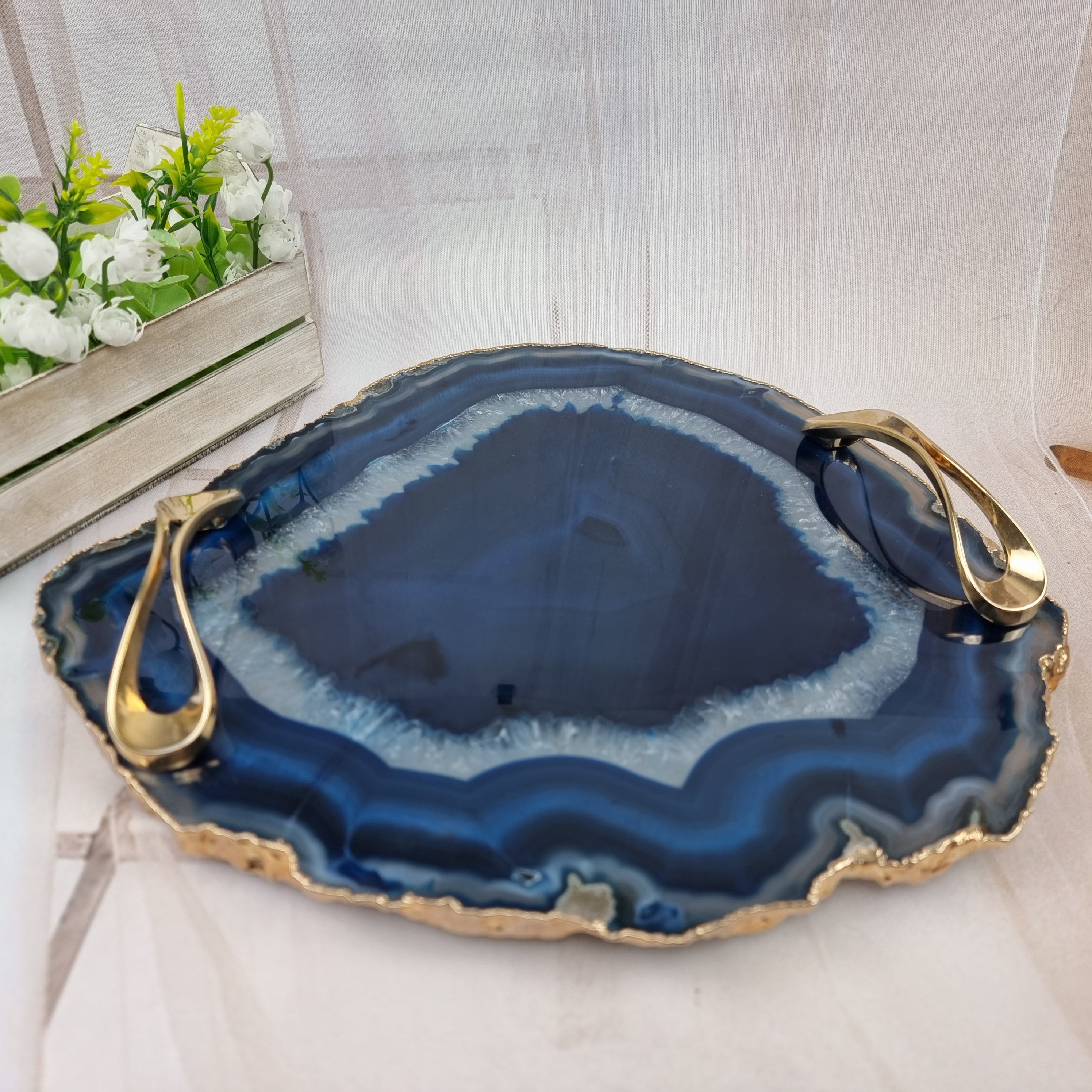 Bandejas de Ágatas Naturais com Puxadores| 1 Unidade Banho Dourado | Tamanho 30 cm | Peça Artesanal BR Crystals