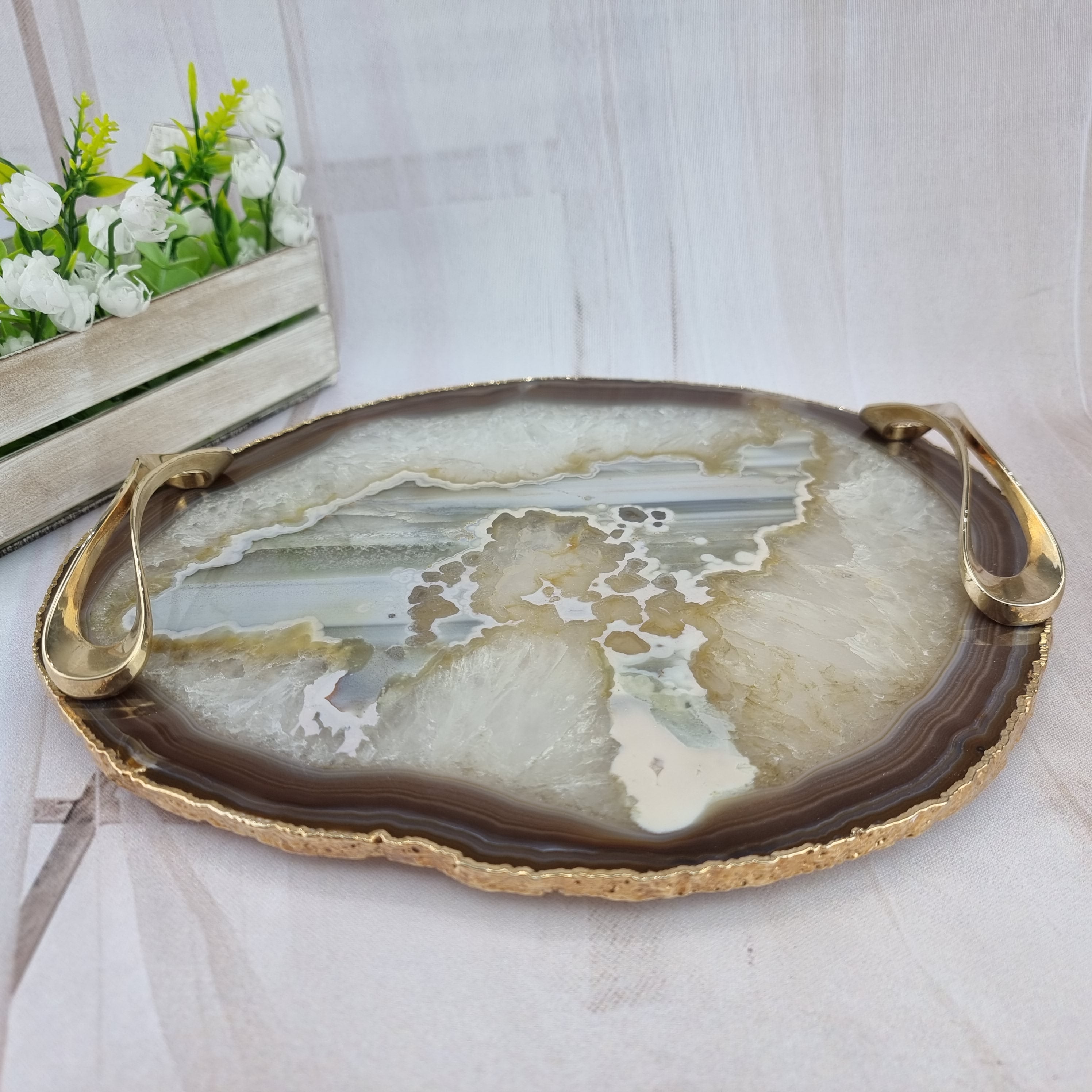 Bandejas de Ágatas Naturais com Puxadores| 1 Unidade | Tamanho 30 cm | Peça Artesanal BR Crystals
