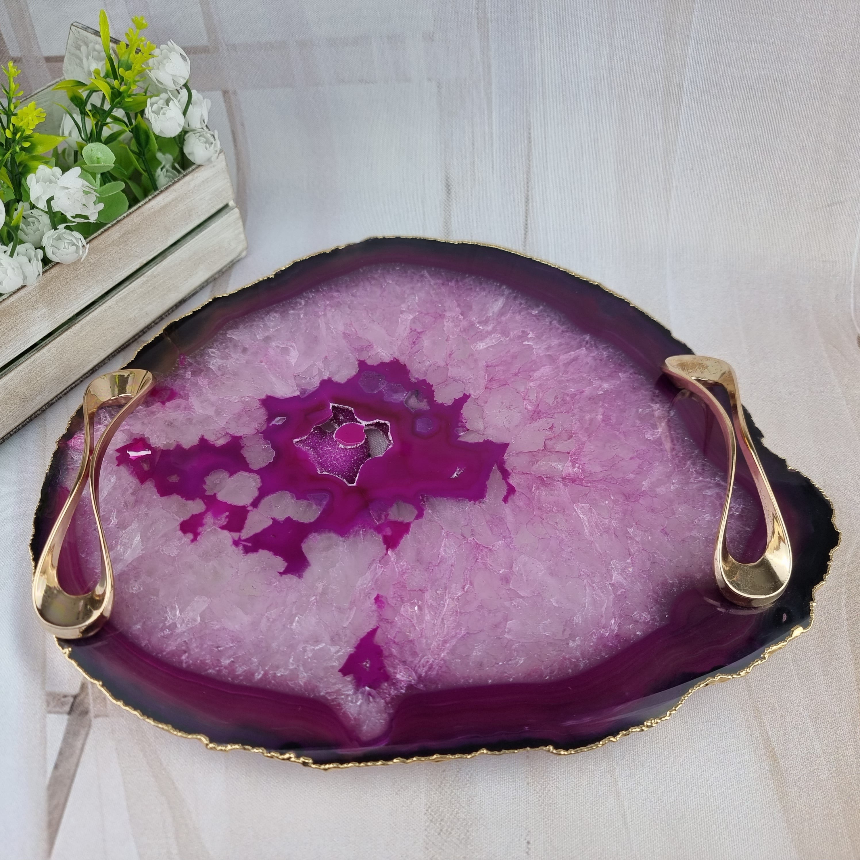 Bandejas de Ágatas Naturais com Puxadores| 1 Unidade Banho Dourado | Tamanho 30 cm | Peça Artesanal BR Crystals