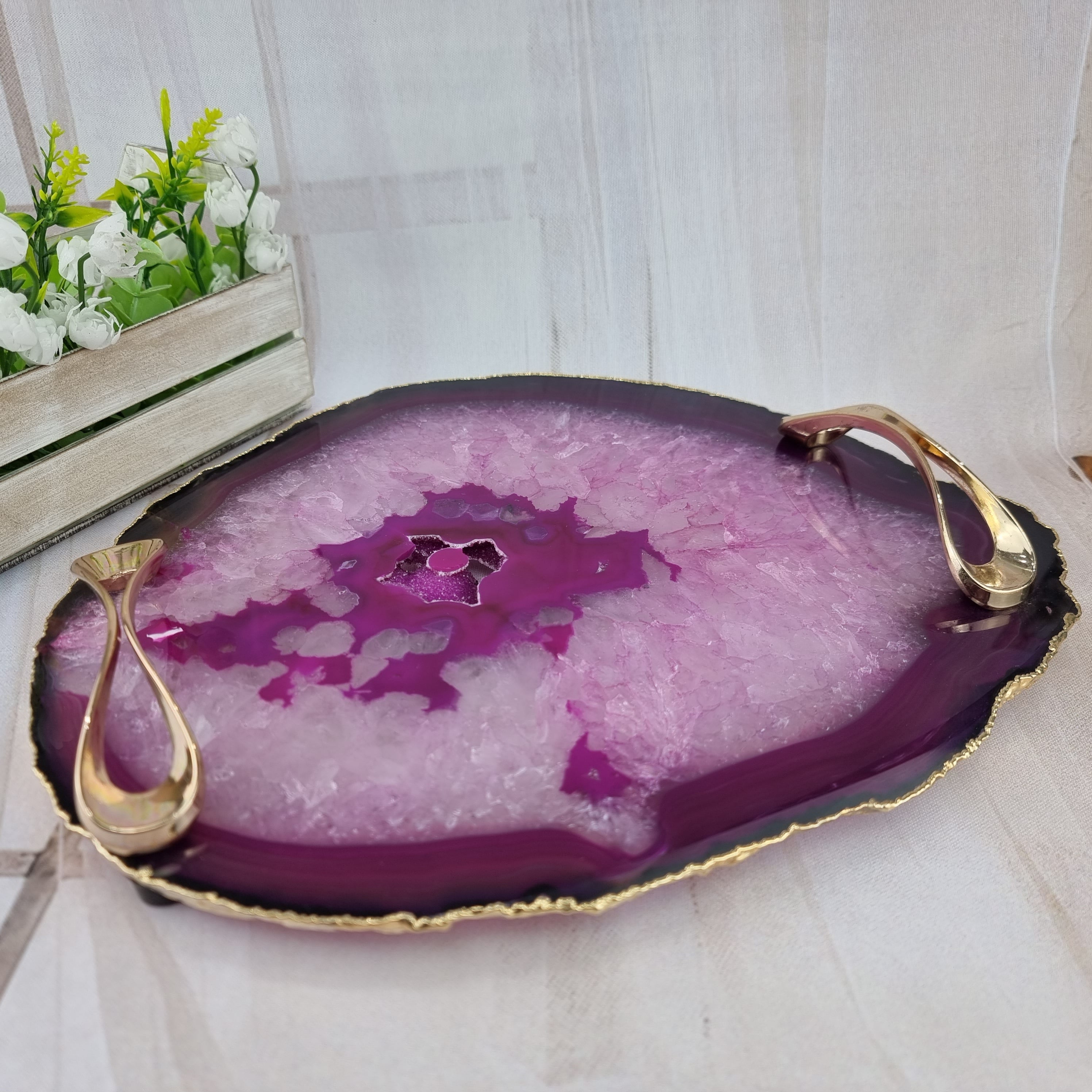 Bandejas de Ágatas Naturais com Puxadores| 1 Unidade Banho Dourado | Tamanho 30 cm | Peça Artesanal BR Crystals