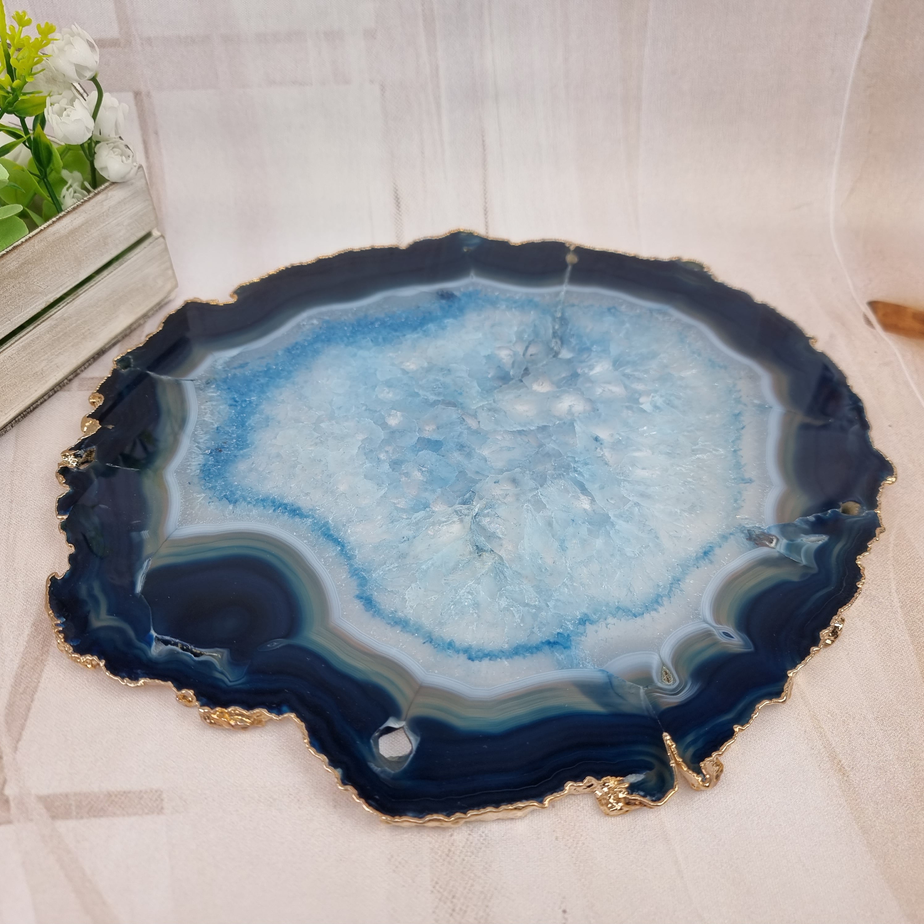 Bandejas de Ágatas Naturais Especiais com BANHO Dourado | 1 Unidade | Tamanho 30 cm | Peça Artesanal BR Crystals