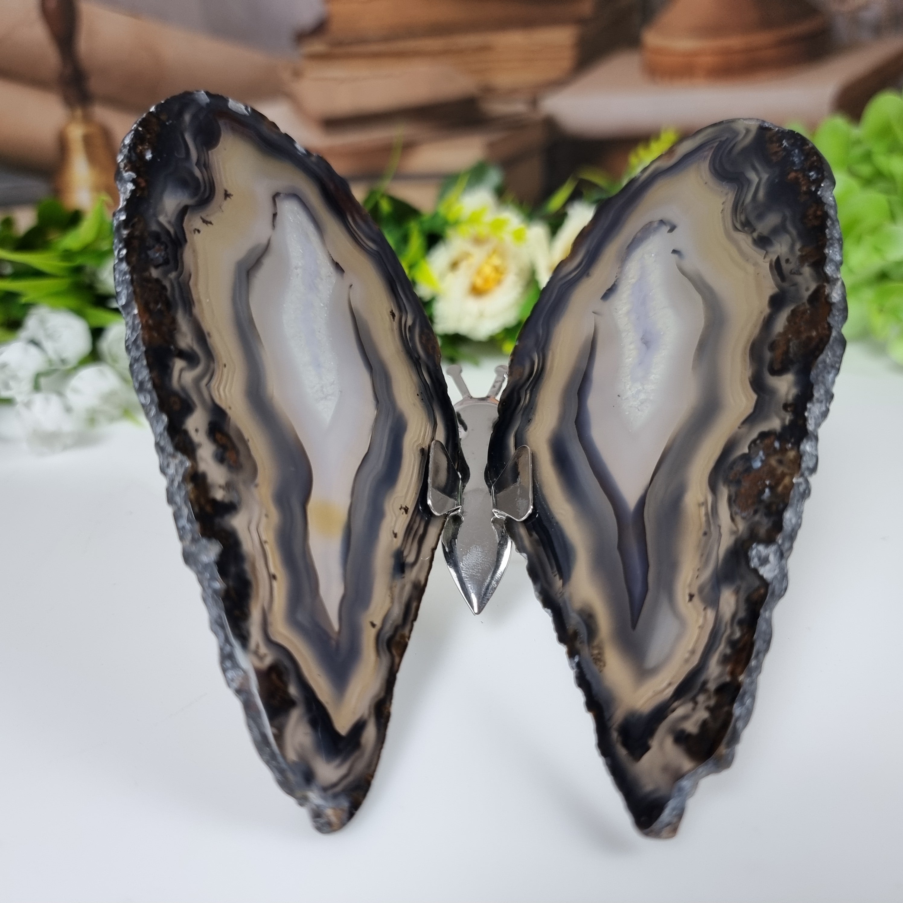 Borboletas Ágatas Naturais Inseto tamanho 10 A 12 cm Prateado e Peso de 150 gramas