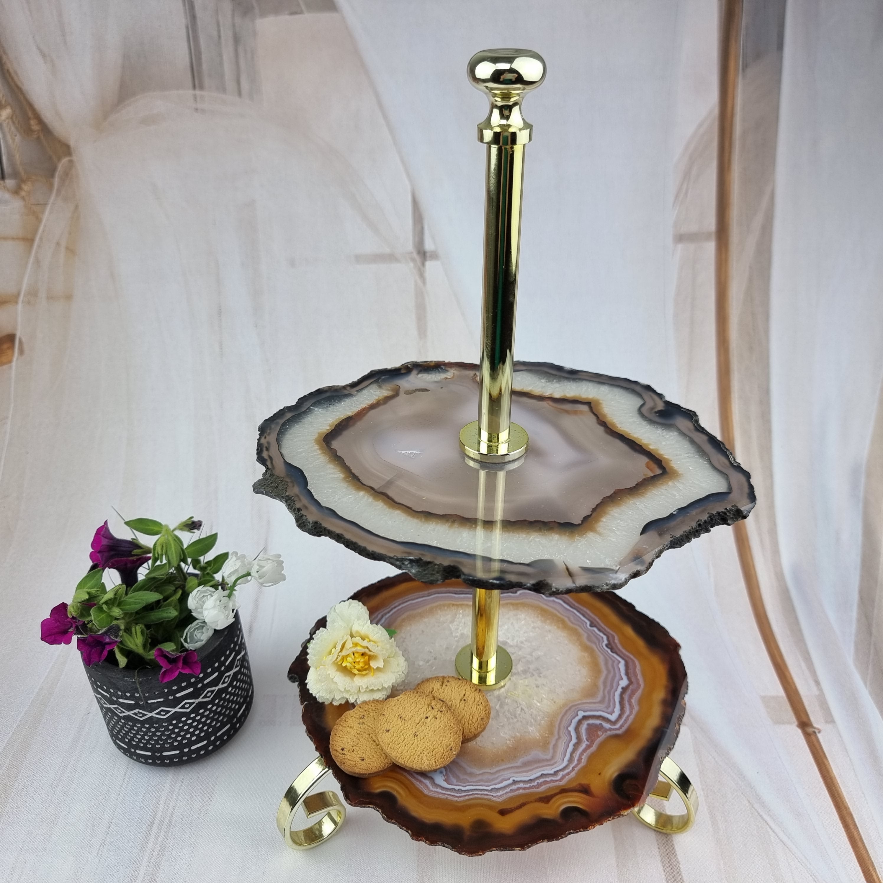 Conservador frigorífico de ágata natural con 2 piedras y base dorada - Alto 22 cm - 1 pieza