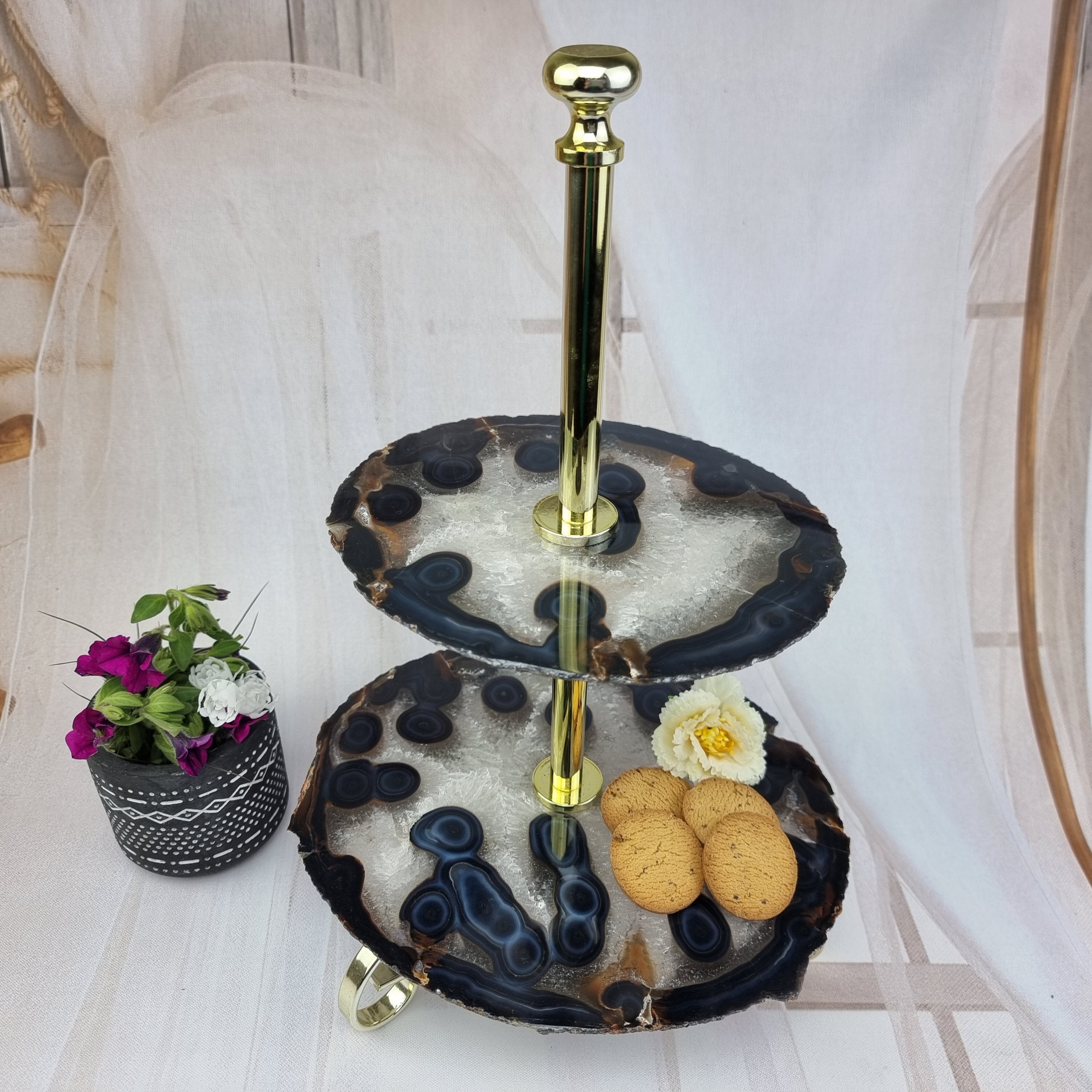 Conservador frigorífico de ágata natural con 2 piedras y base dorada - Alto 22 cm - 1 pieza