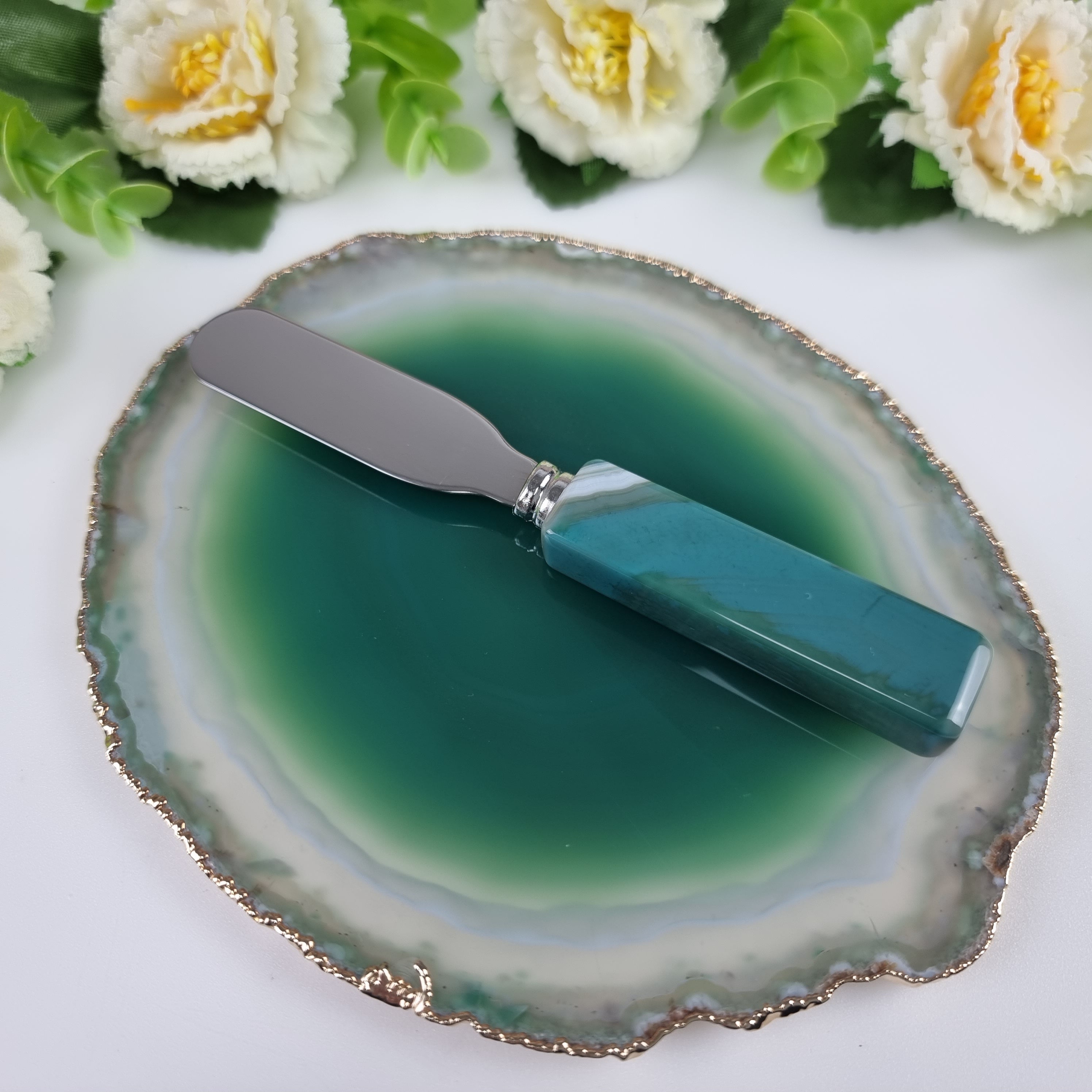 Porta Frios de Ágatas com Bordas Banho Dourado e Espátula - Medida 15 a 18 cm 1 Peça