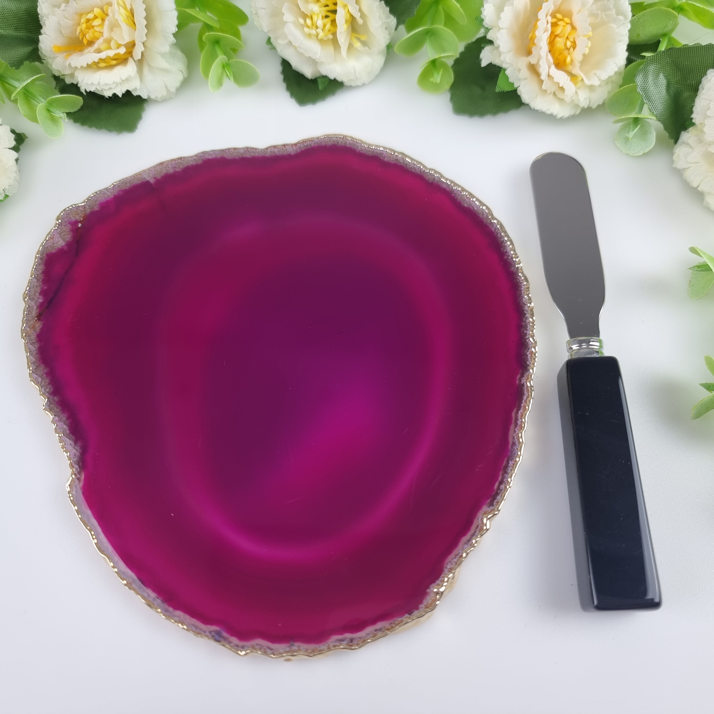 Porta Frios de Ágatas com Bordas Banho Dourado e Espátula - Medida 15 a 18 cm 1 Peça