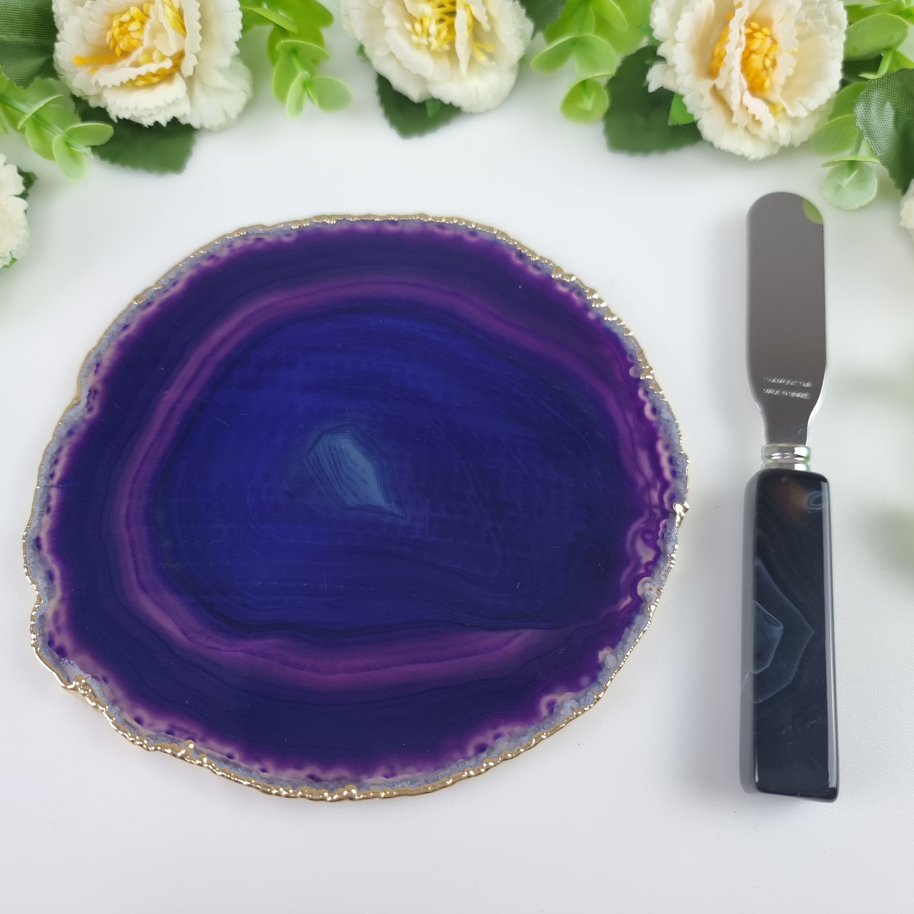 Porta Frios de Ágatas com Bordas Banho Dourado e Espátula - Medida 15 a 18 cm 1 Peça