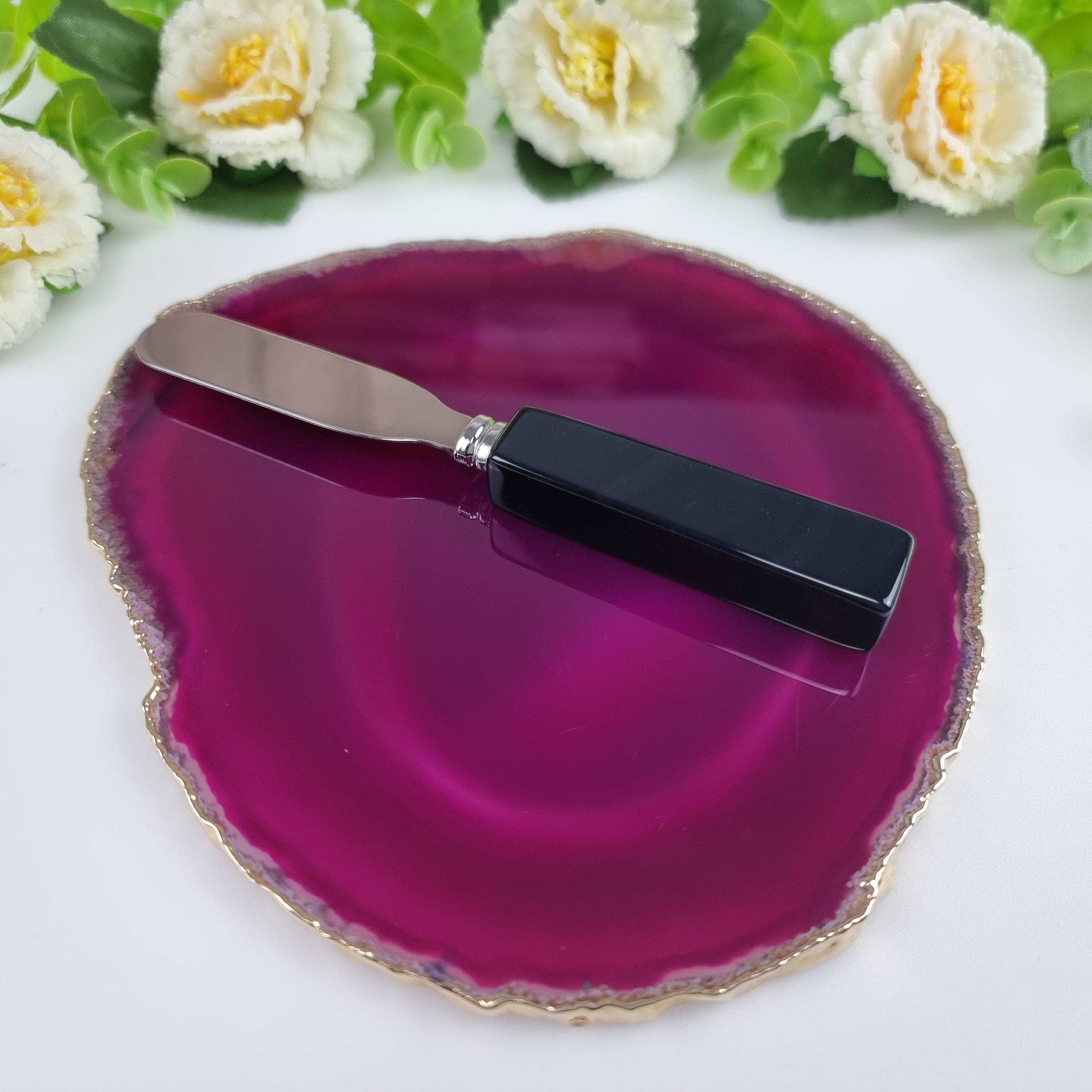 Porta Frios de Ágatas com Bordas Banho Dourado e Espátula - Medida 15 a 18 cm 1 Peça