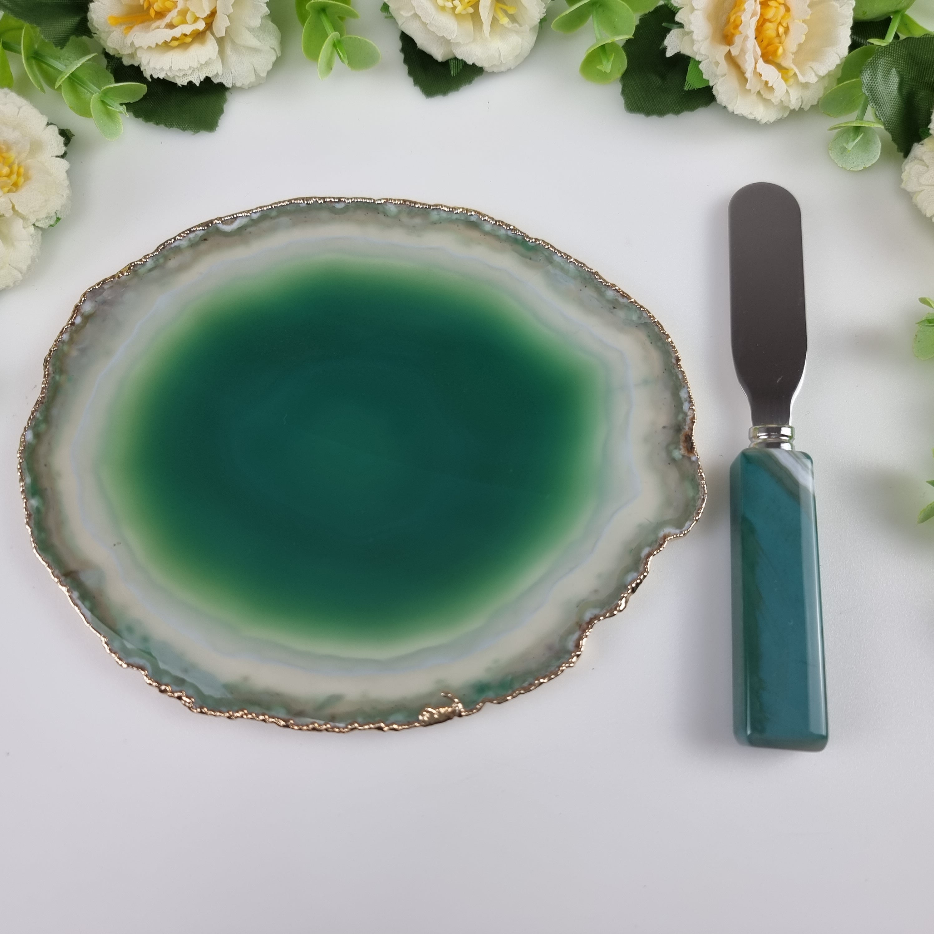 Porta Frios de Ágatas com Bordas Banho Dourado e Espátula - Medida 15 a 18 cm 1 Peça