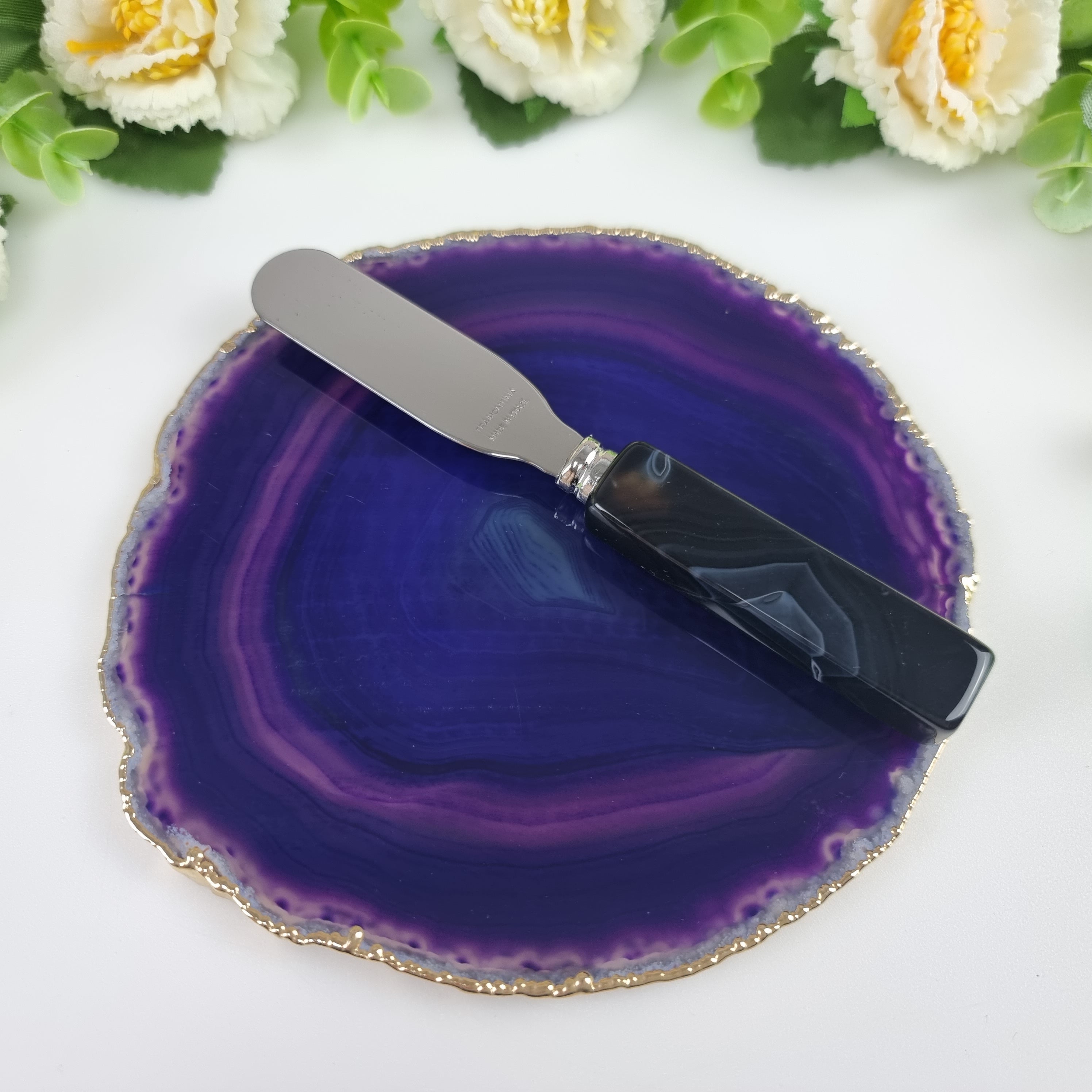 Porta Frios de Ágatas com Bordas Banho Dourado e Espátula - Medida 15 a 18 cm 1 Peça