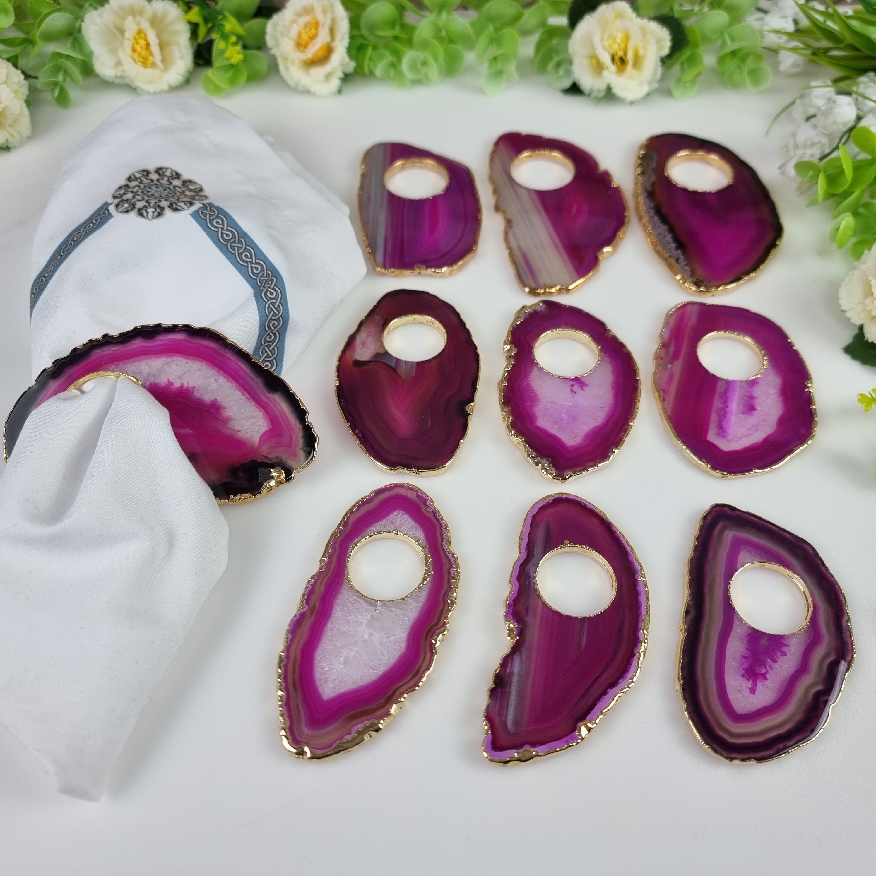 Porta Guardanapos de Ágatas COM Furo BANHO Dourado | Kit 10 Unidades, Tamanho 10 a 12 cm | Peça Artesanal BR Crystals