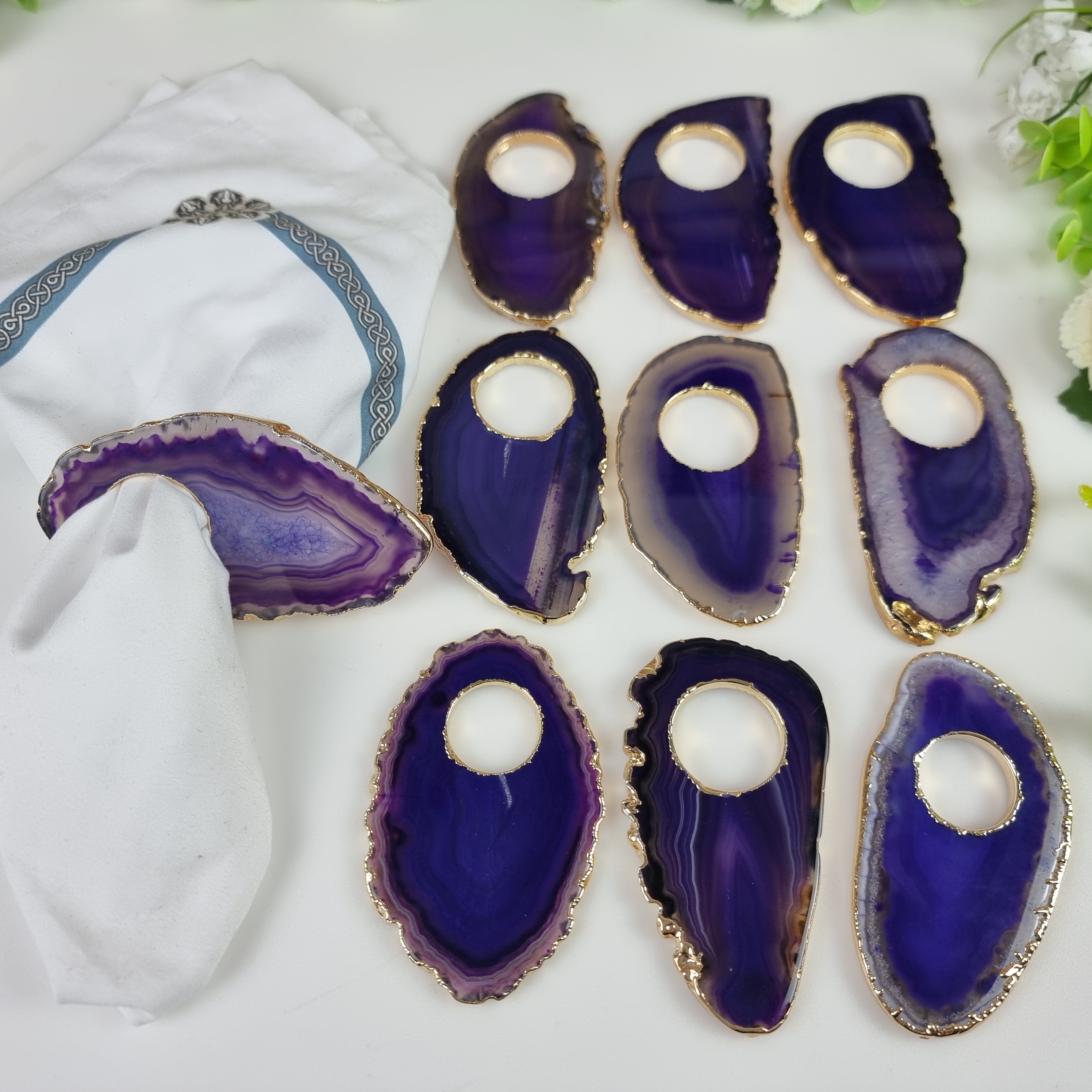 Porta Guardanapos de Ágatas COM Furo BANHO Dourado | Kit 10 Unidades, Tamanho 10 a 12 cm | Peça Artesanal BR Crystals